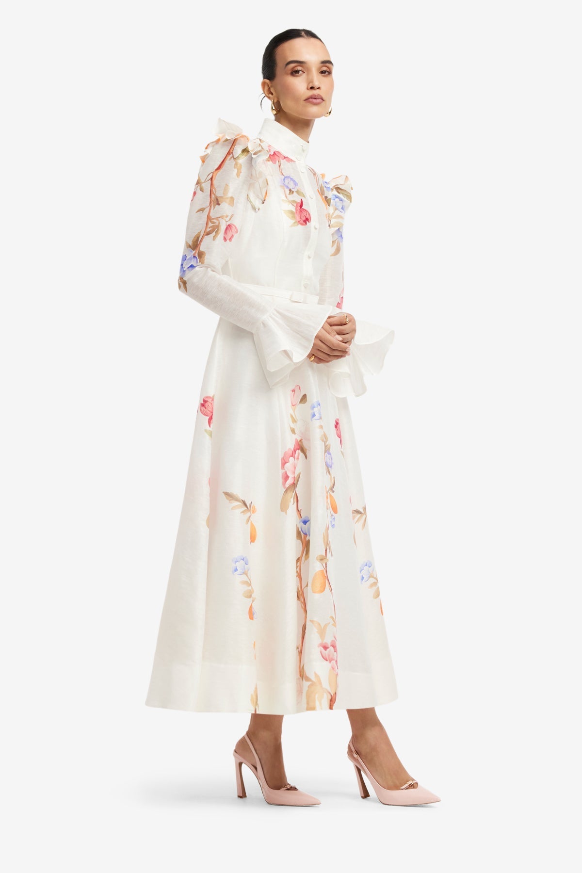 Selina Butterfly Sleeve Midi Dress - Lemon Vine Print in Snow 4