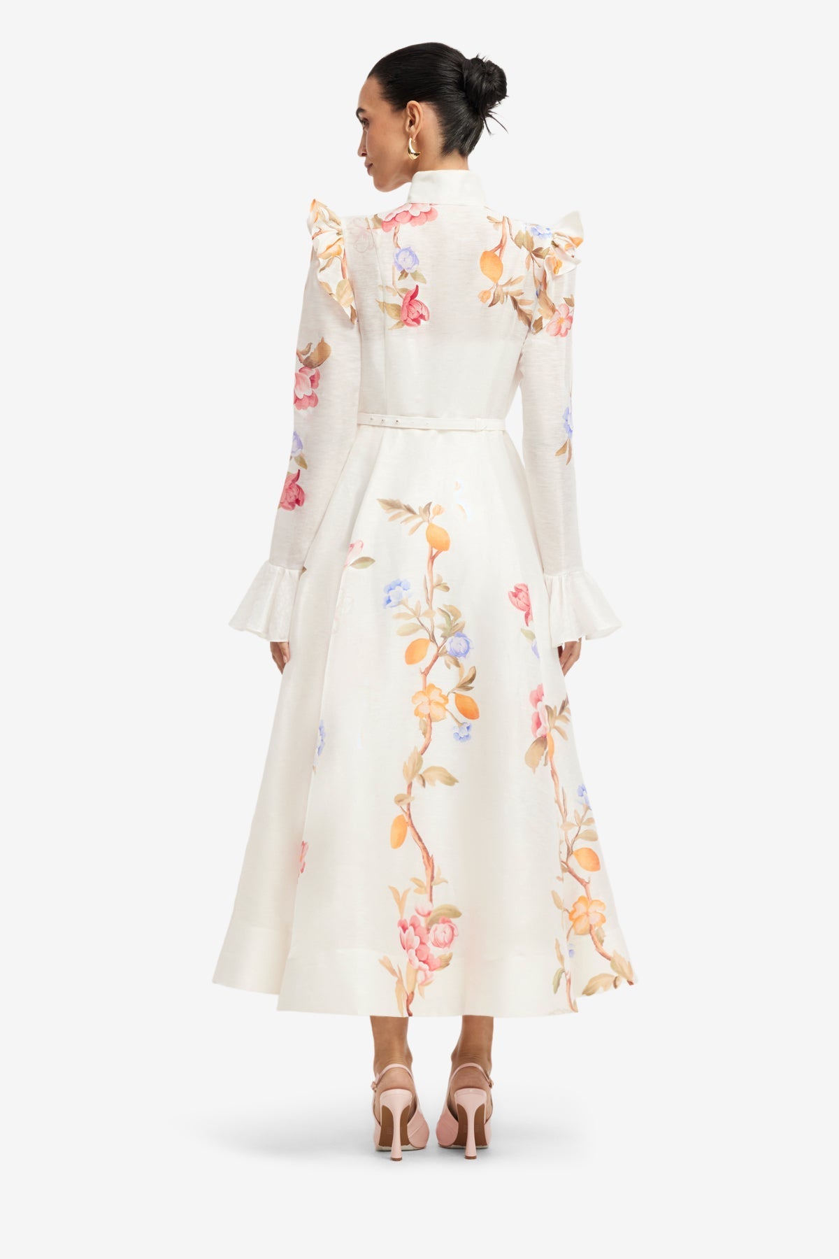 Selina Butterfly Sleeve Midi Dress - Lemon Vine Print in Snow 5
