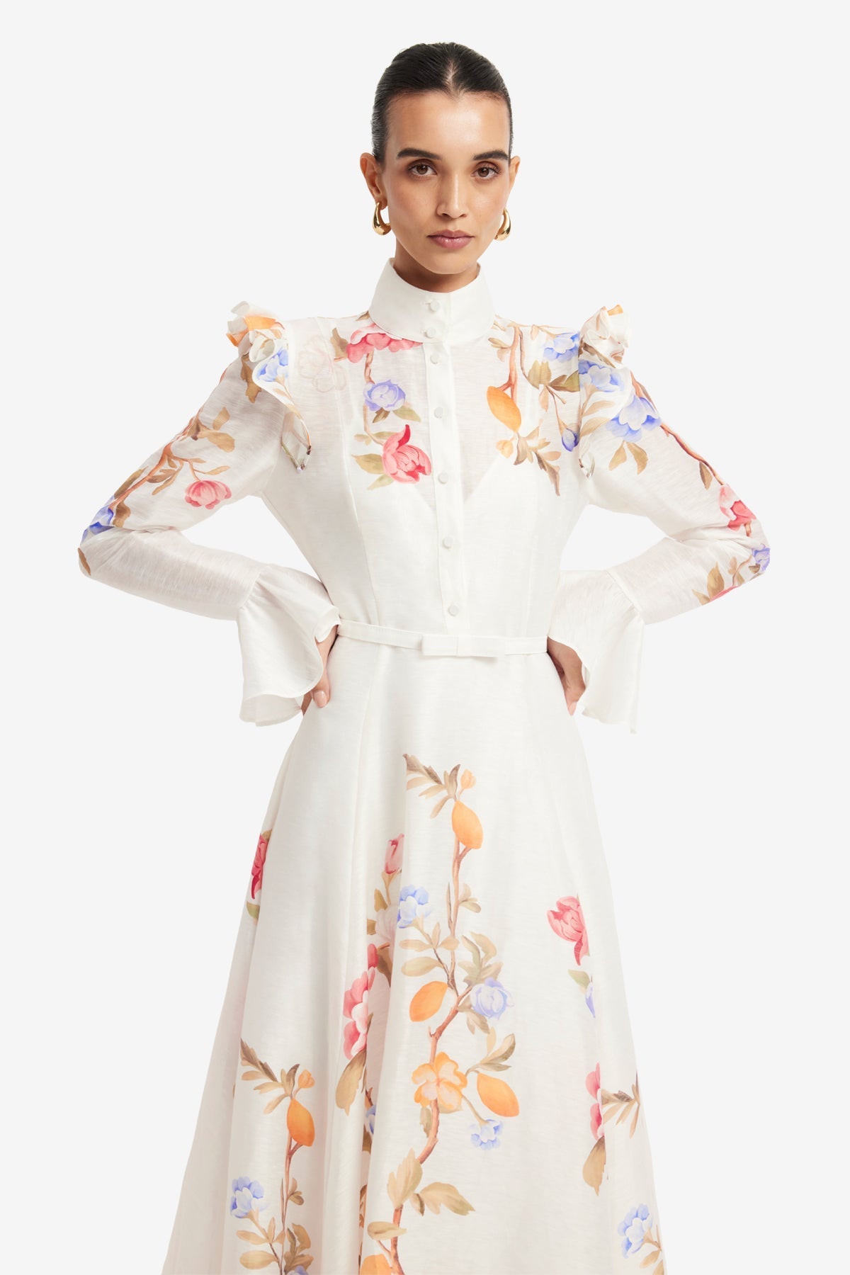 Selina Butterfly Sleeve Midi Dress - Lemon Vine Print in Snow 6