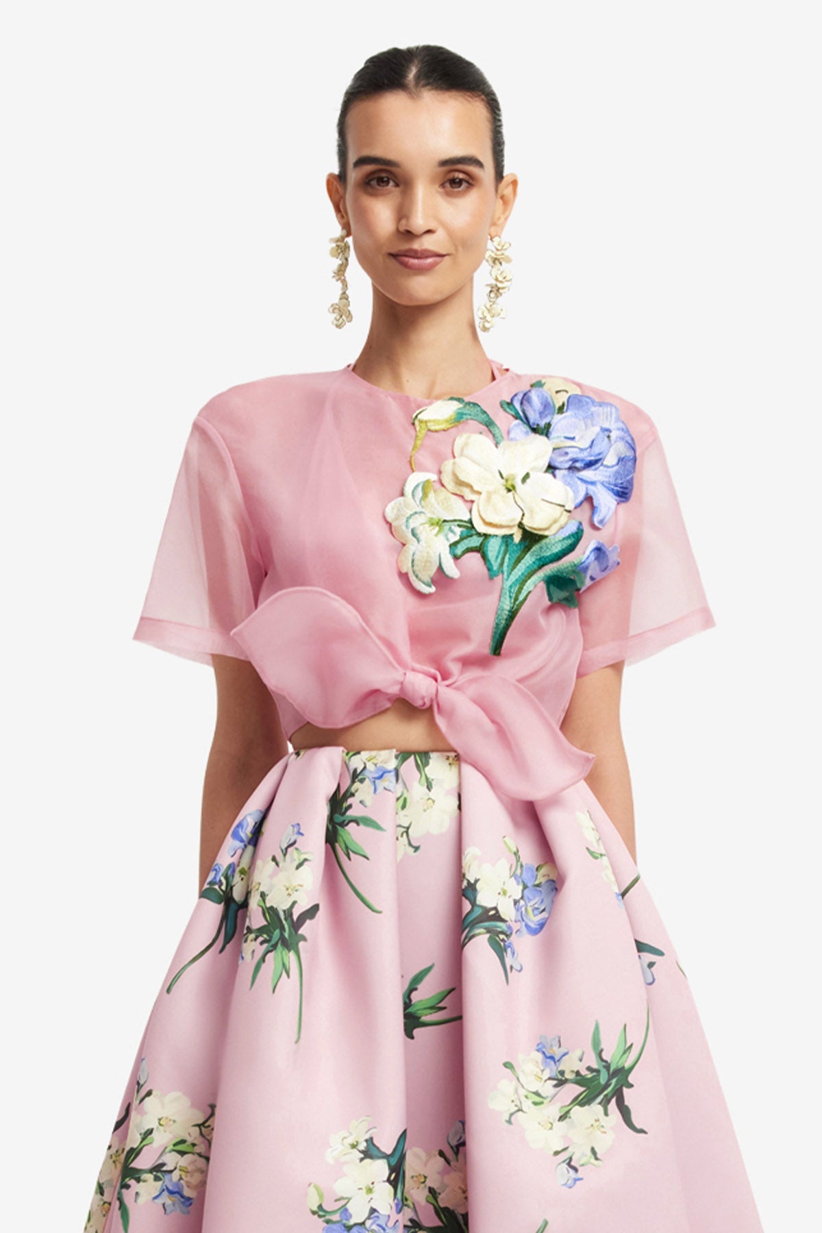 Riley Embroidered Sleeve Top Bouquet Print in Pastel Pink