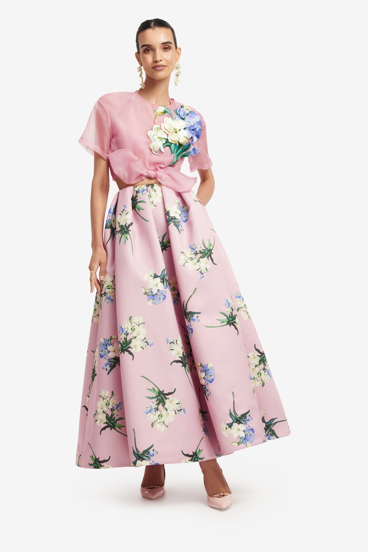 Riley Embroidered Sleeve Top Bouquet Print in Pastel Pink