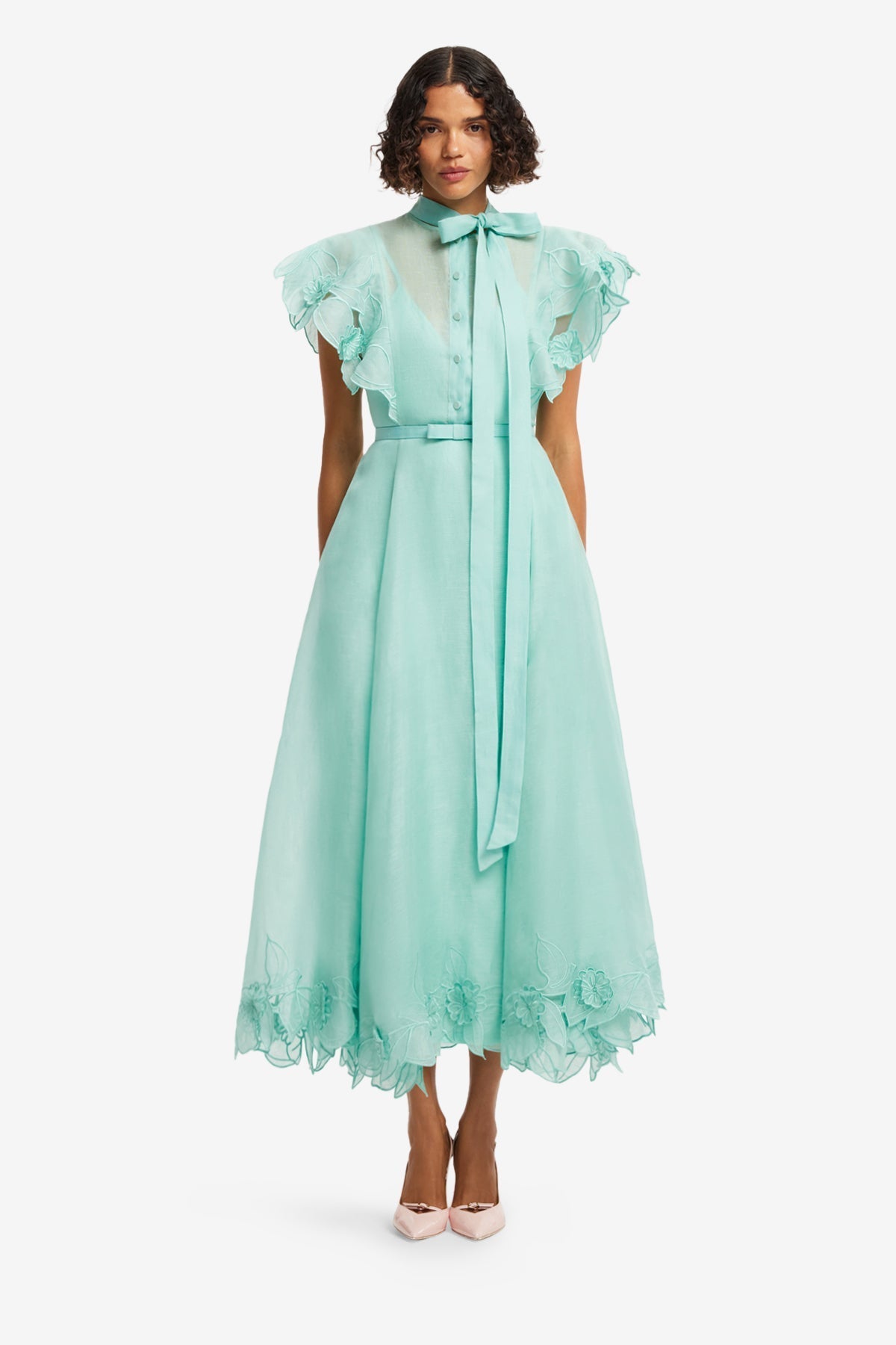 Elsie Appliqu Flutter Sleeve Maxi Dress - Pale Turquoise