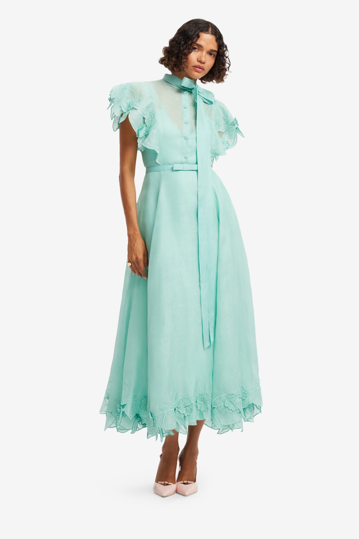 Elsie Appliqu Flutter Sleeve Maxi Dress - Pale Turquoise