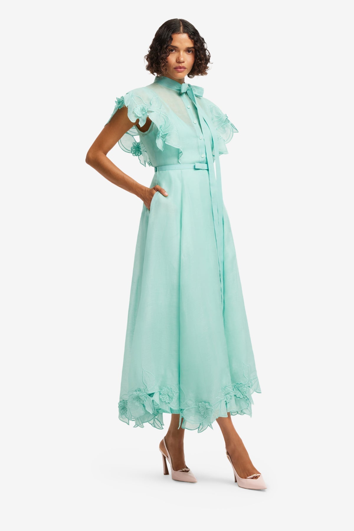 Elsie Appliqu Flutter Sleeve Maxi Dress - Pale Turquoise