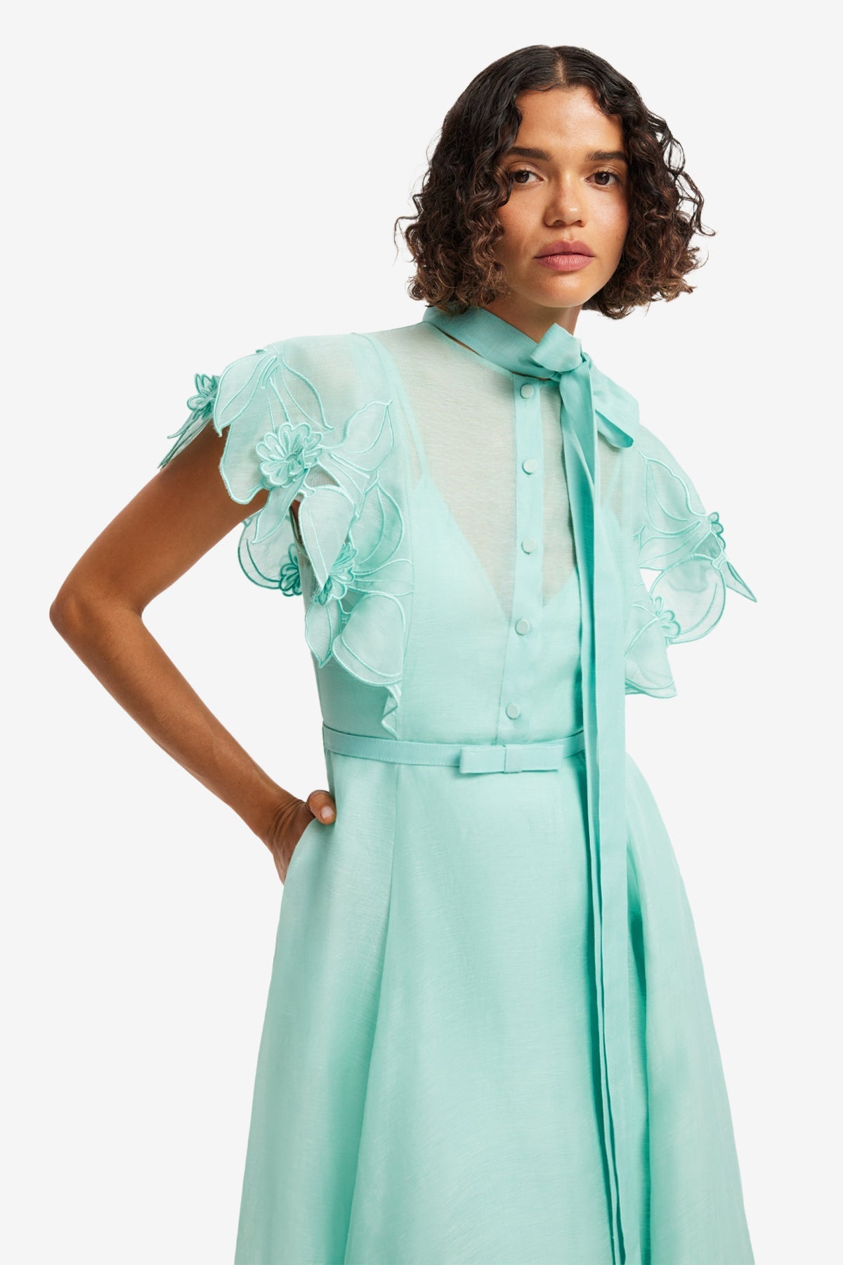 Elsie Appliqu Flutter Sleeve Maxi Dress - Pale Turquoise