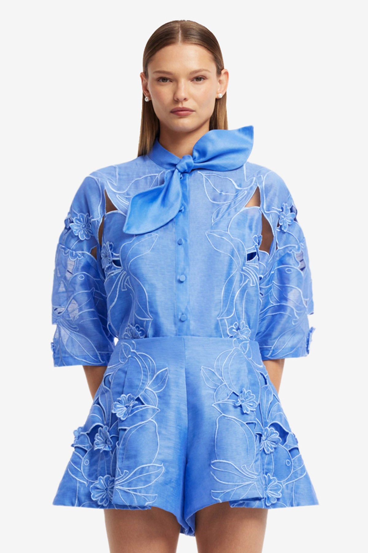 Brooklyn Appliqu Bow Puff Sleeve Top - Azure