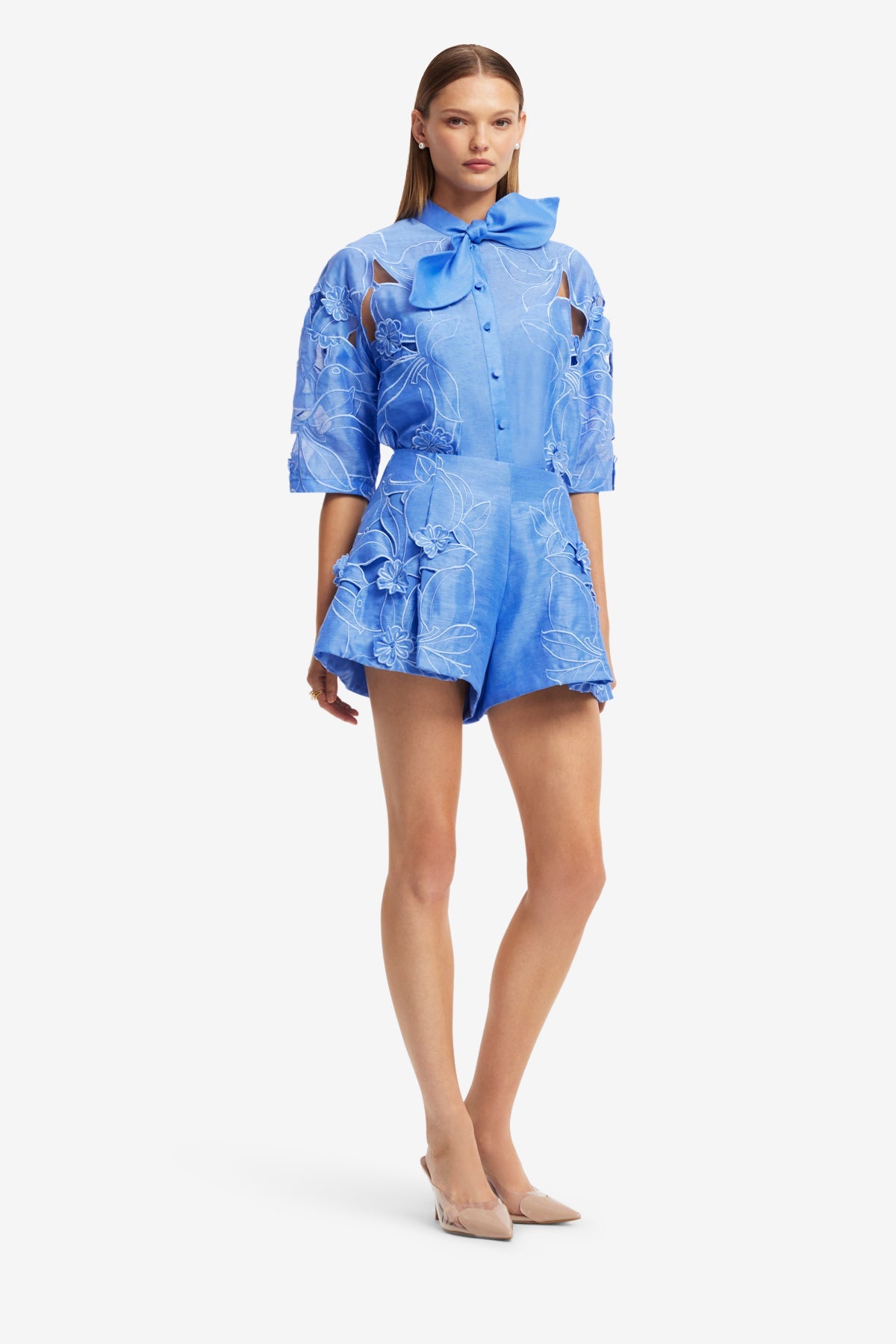 Brooklyn Appliqu Bow Puff Sleeve Top - Azure