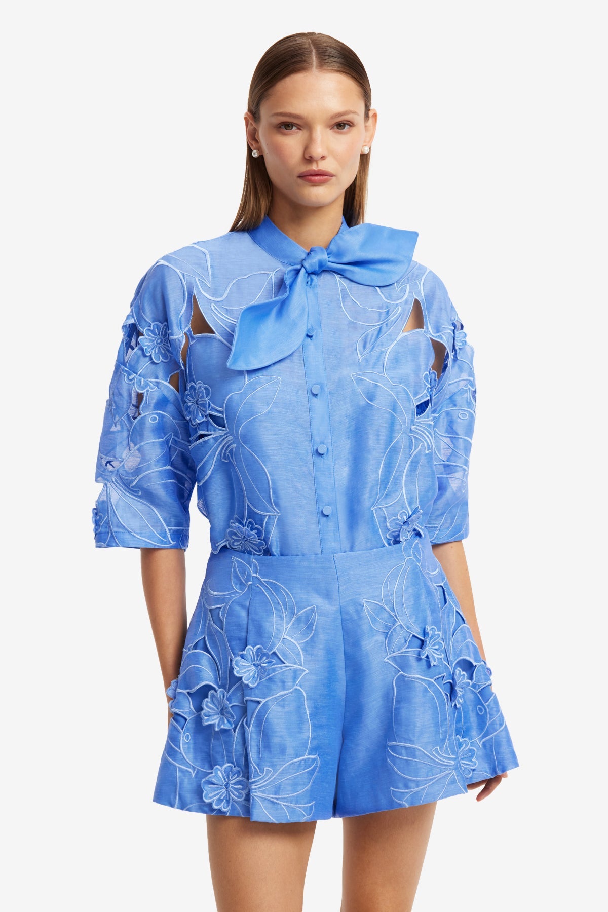 Brooklyn Appliqu Bow Puff Sleeve Top - Azure