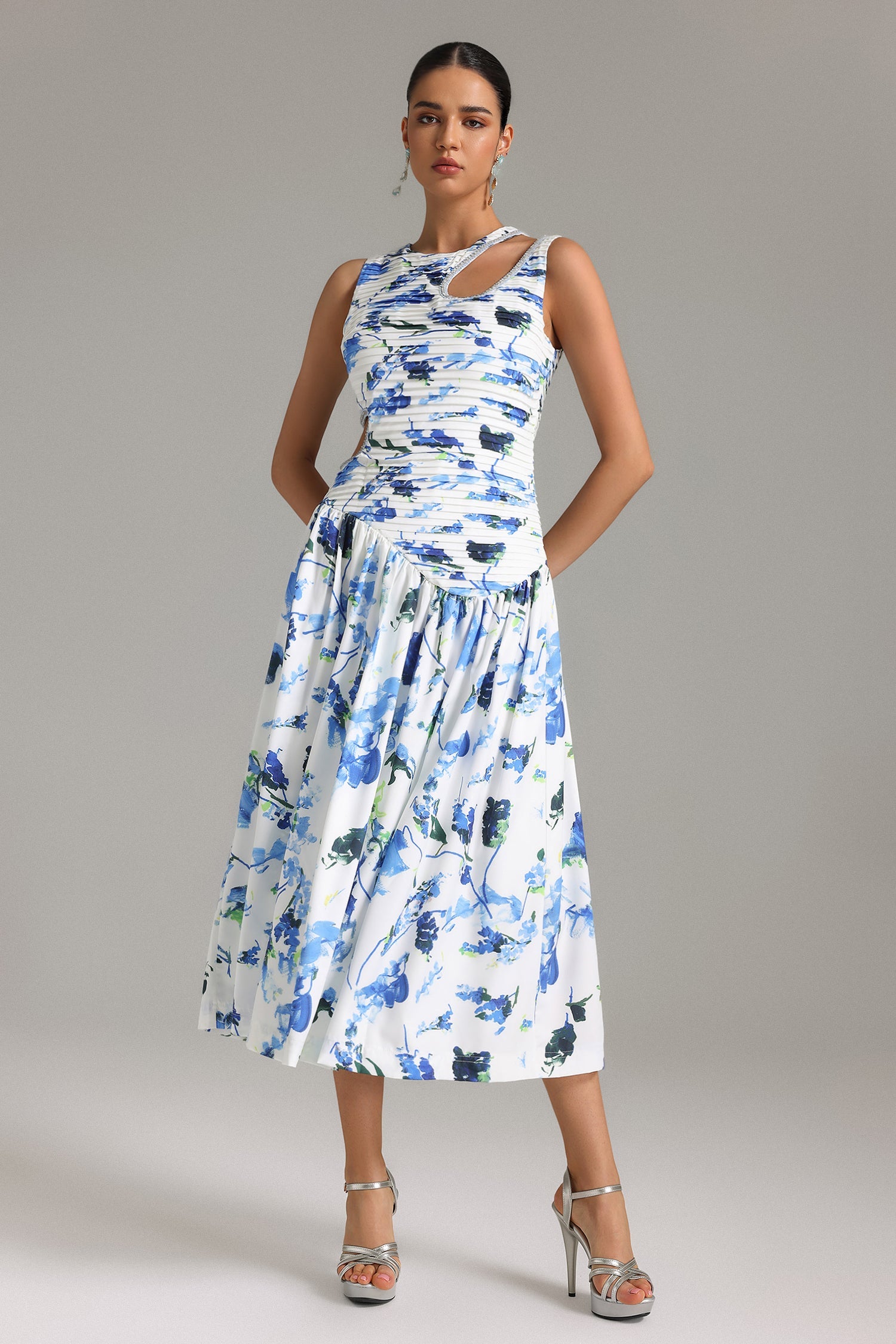 Liaci Pleat Cut Out Printed Midi Dress - Blue