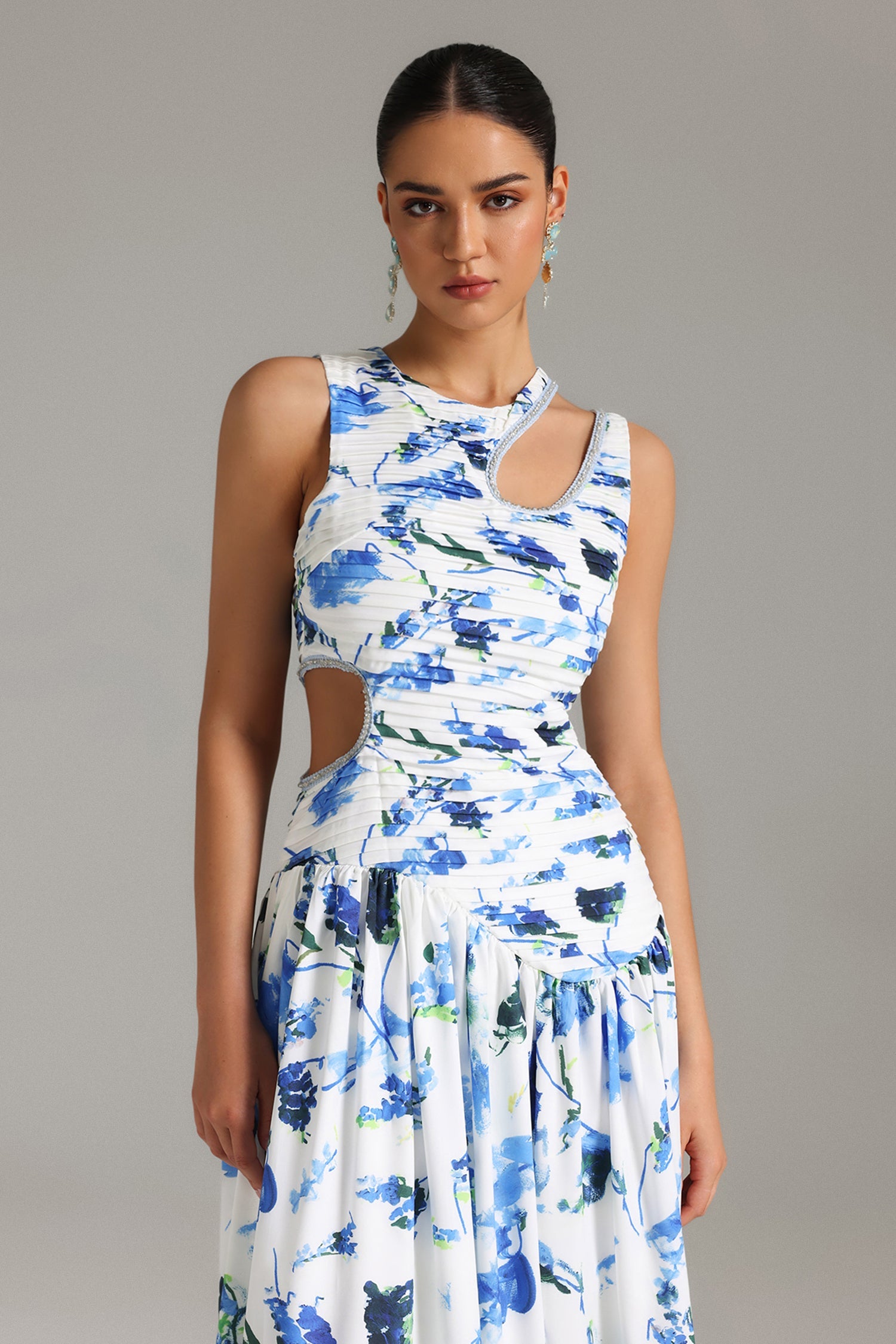 Liaci Pleat Cut Out Printed Midi Dress - Blue
