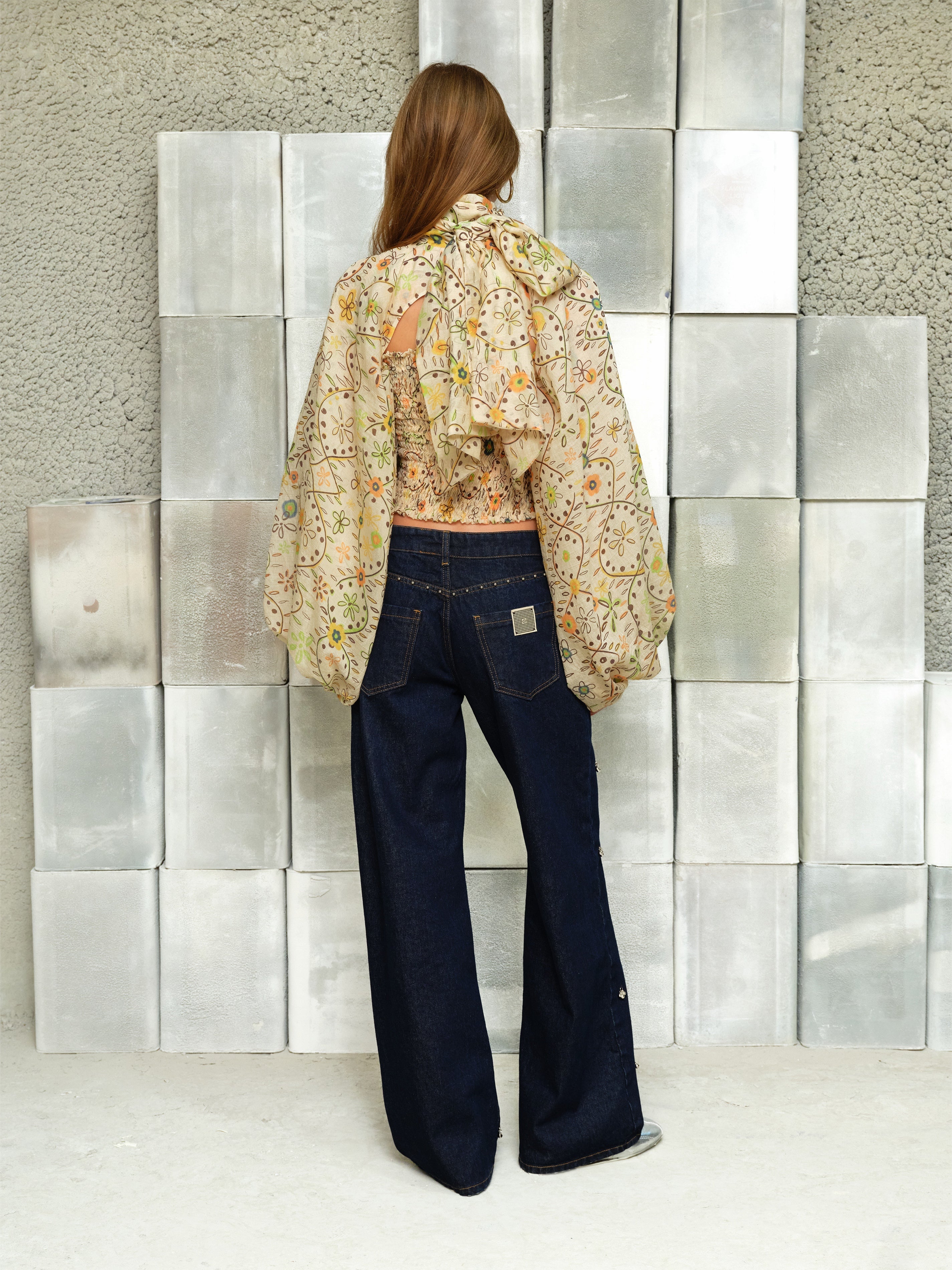 MARIS Printed organza top with voluminous sleeves