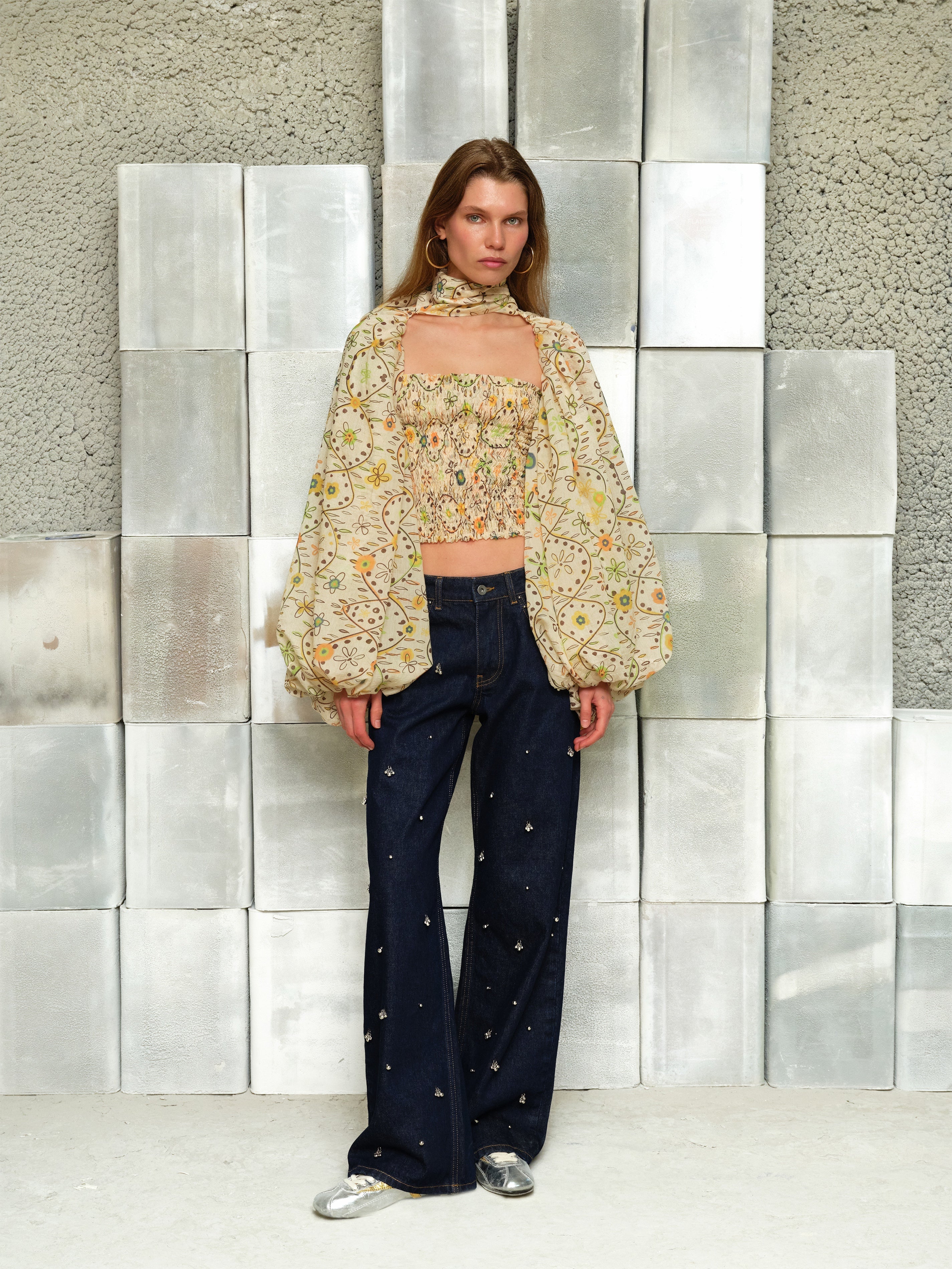 MARIS Printed organza top with voluminous sleeves