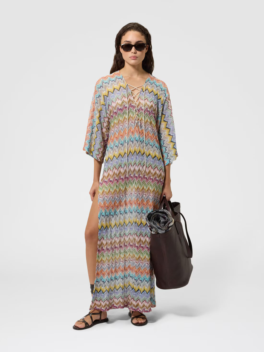 Long viscose lamé cover-up caftan