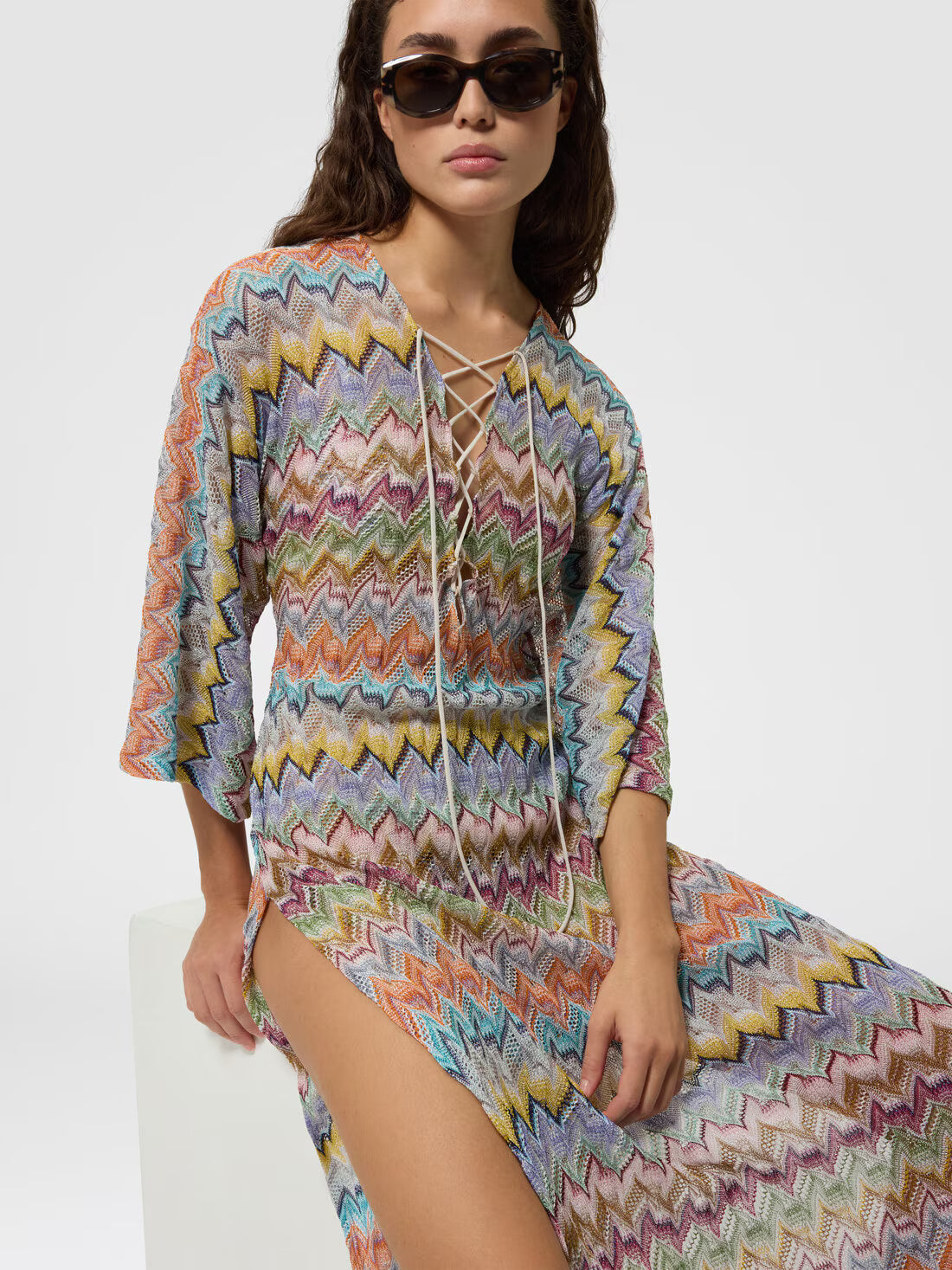 Long viscose lamé cover-up caftan
