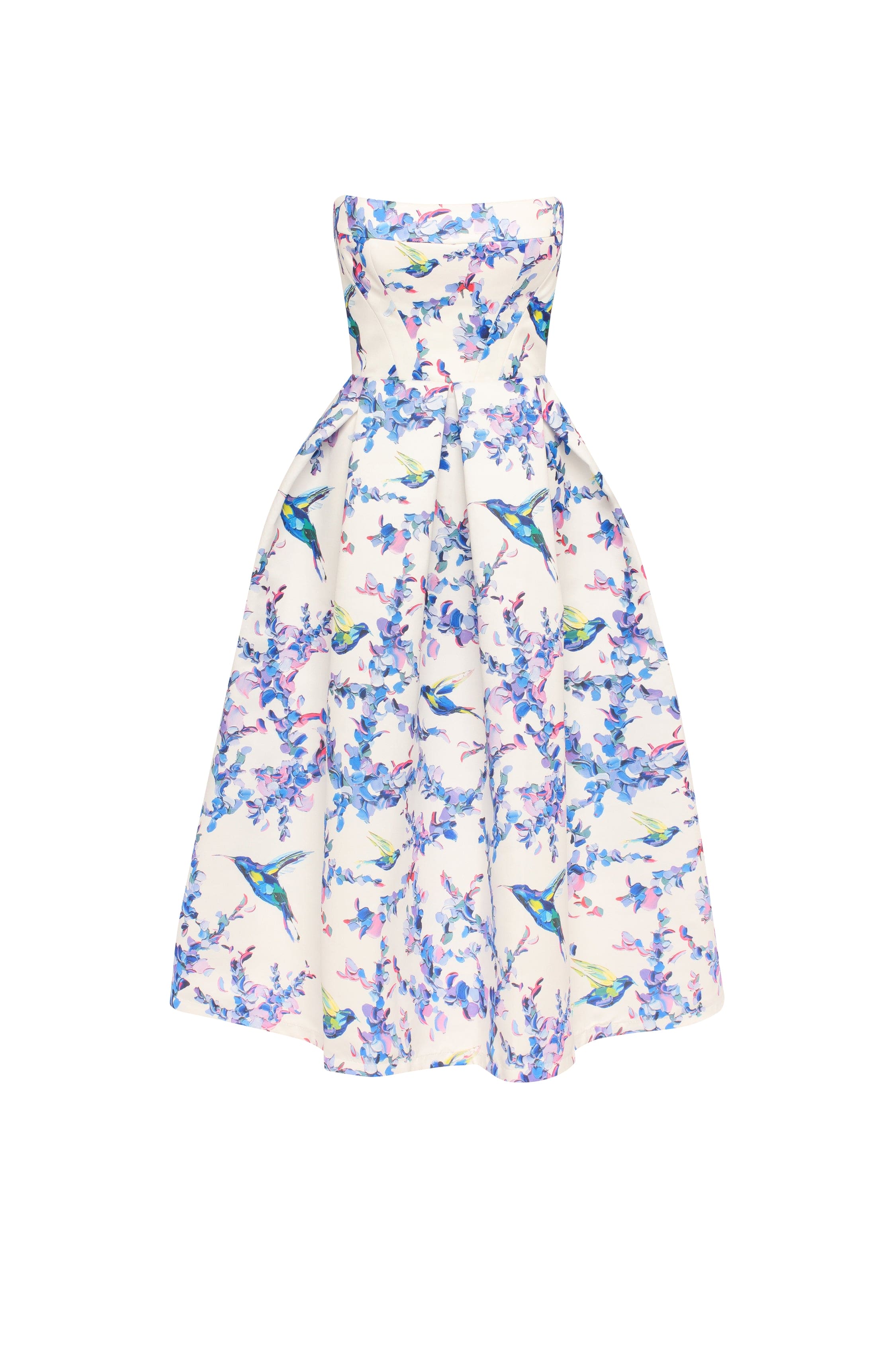 Strapless midi dress with bird and flower print Garden of Eden