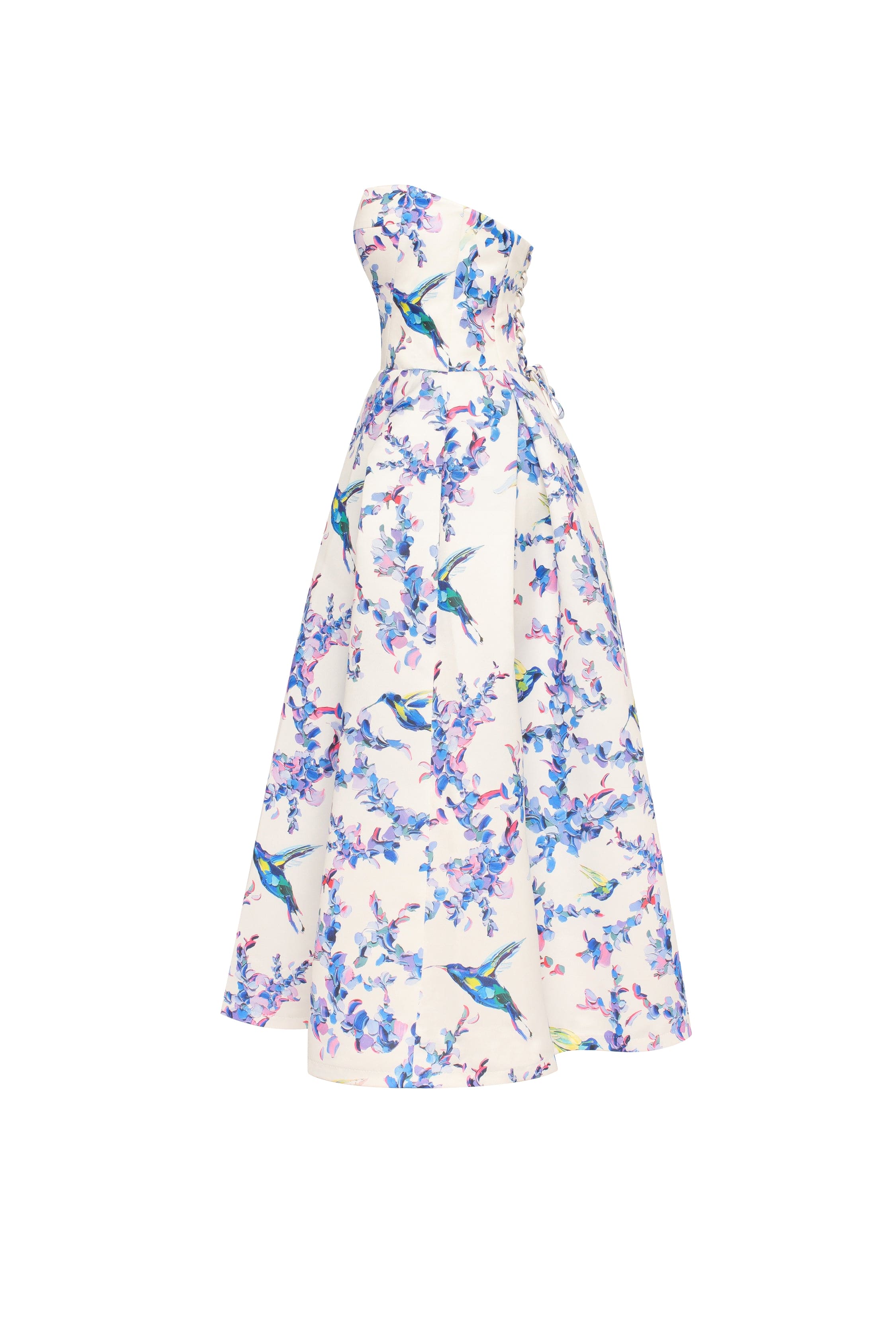 Strapless midi dress with bird and flower print Garden of Eden