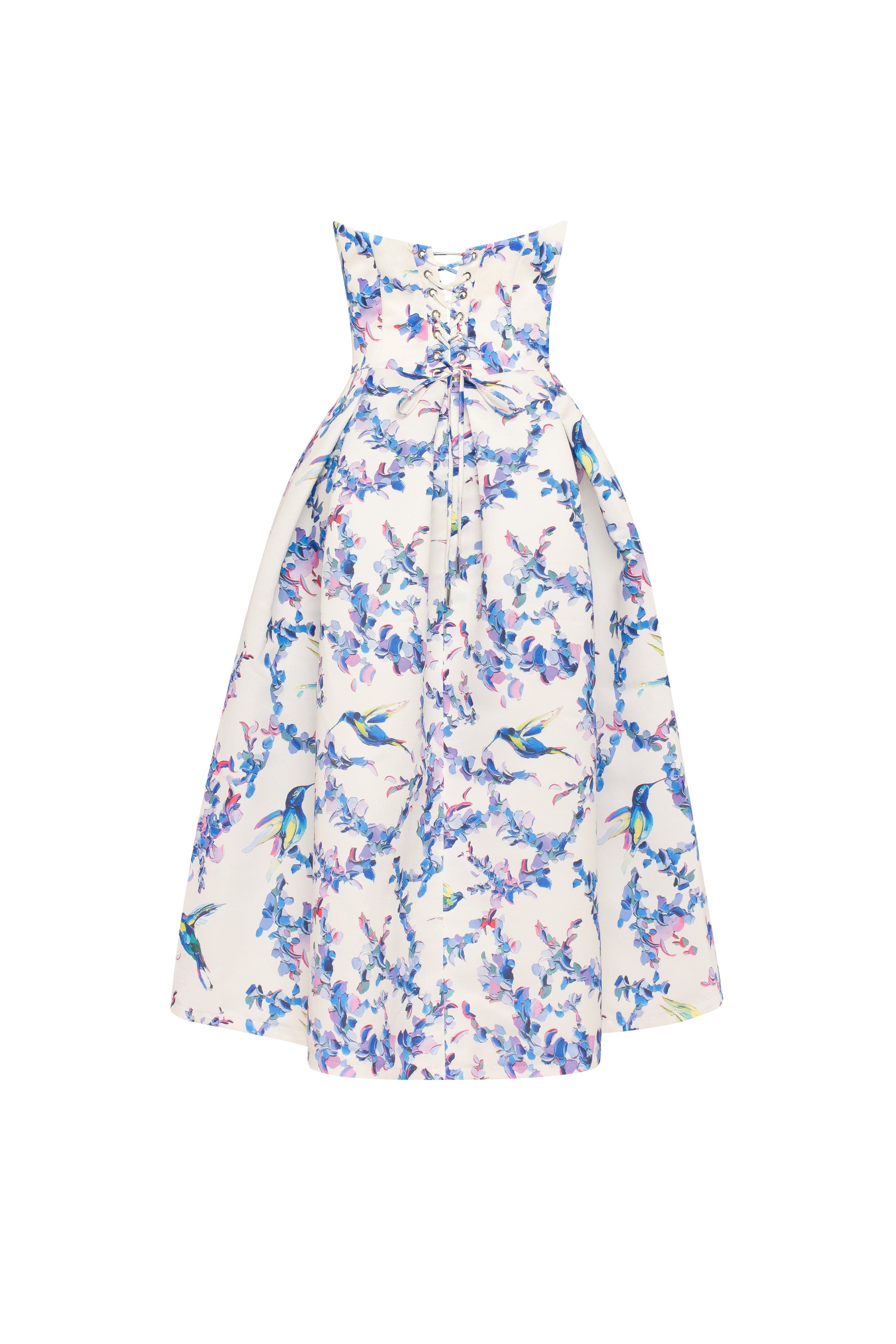 Strapless midi dress with bird and flower print Garden of Eden