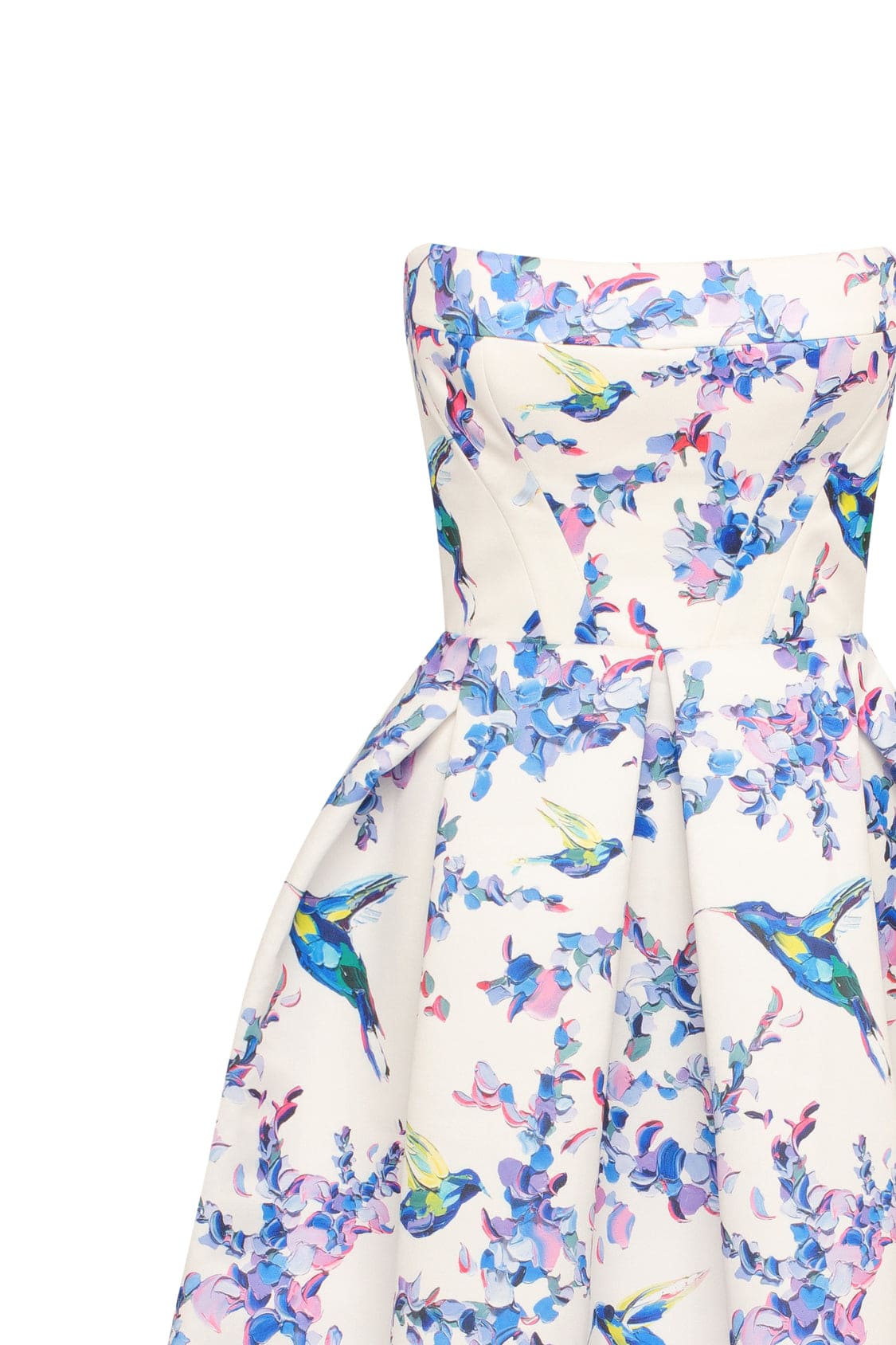 Strapless midi dress with bird and flower print Garden of Eden