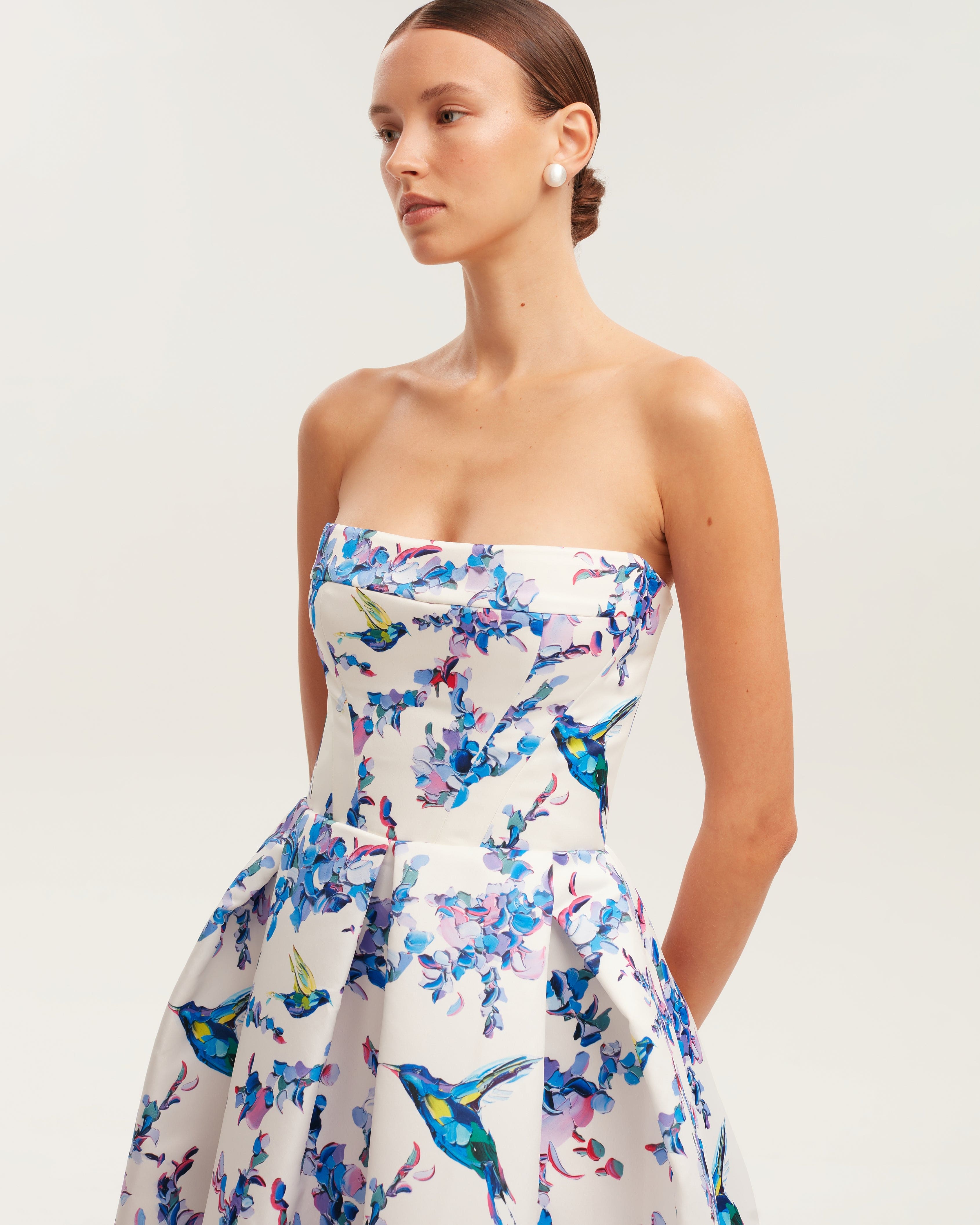 Strapless midi dress with bird and flower print Garden of Eden