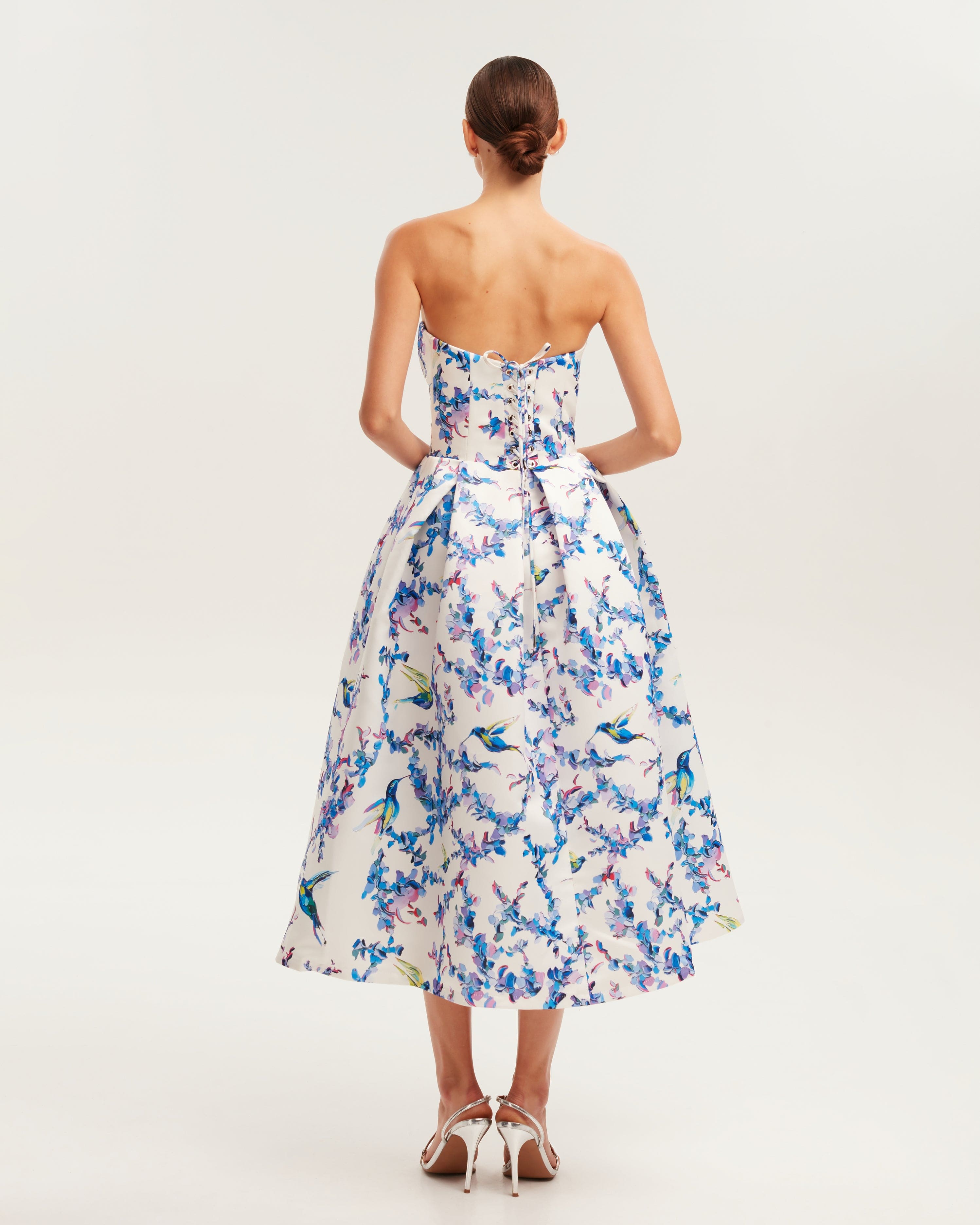 Strapless midi dress with bird and flower print Garden of Eden