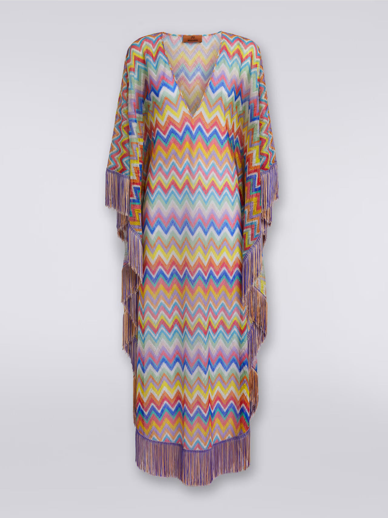Long cover-up kaftan with zigzag print and fringes