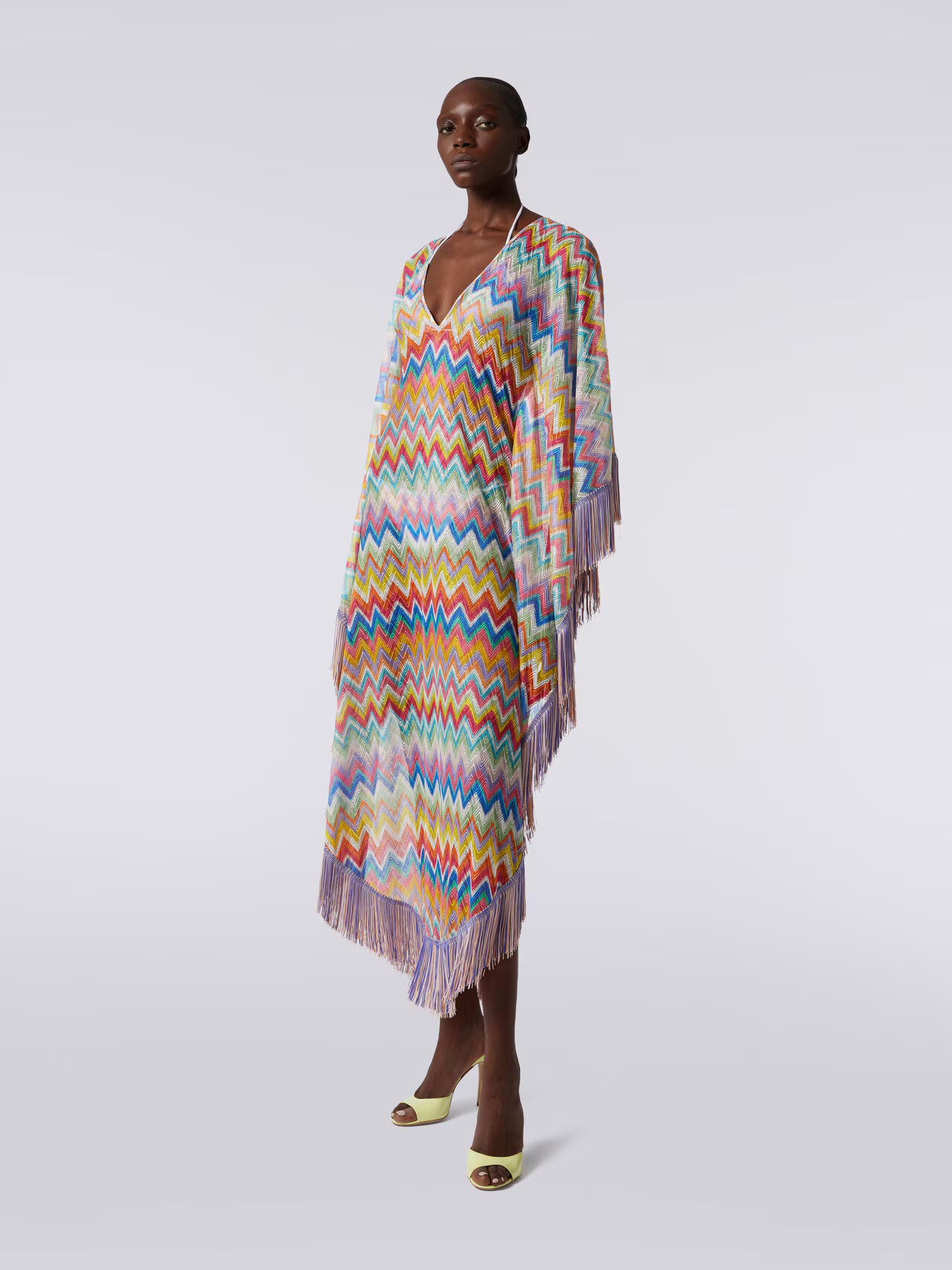 Long cover-up kaftan with zigzag print and fringes