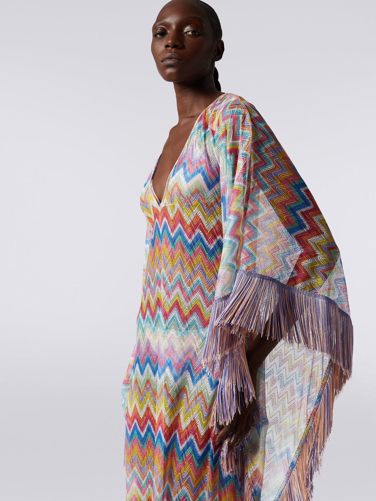 Long cover-up kaftan with zigzag print and fringes