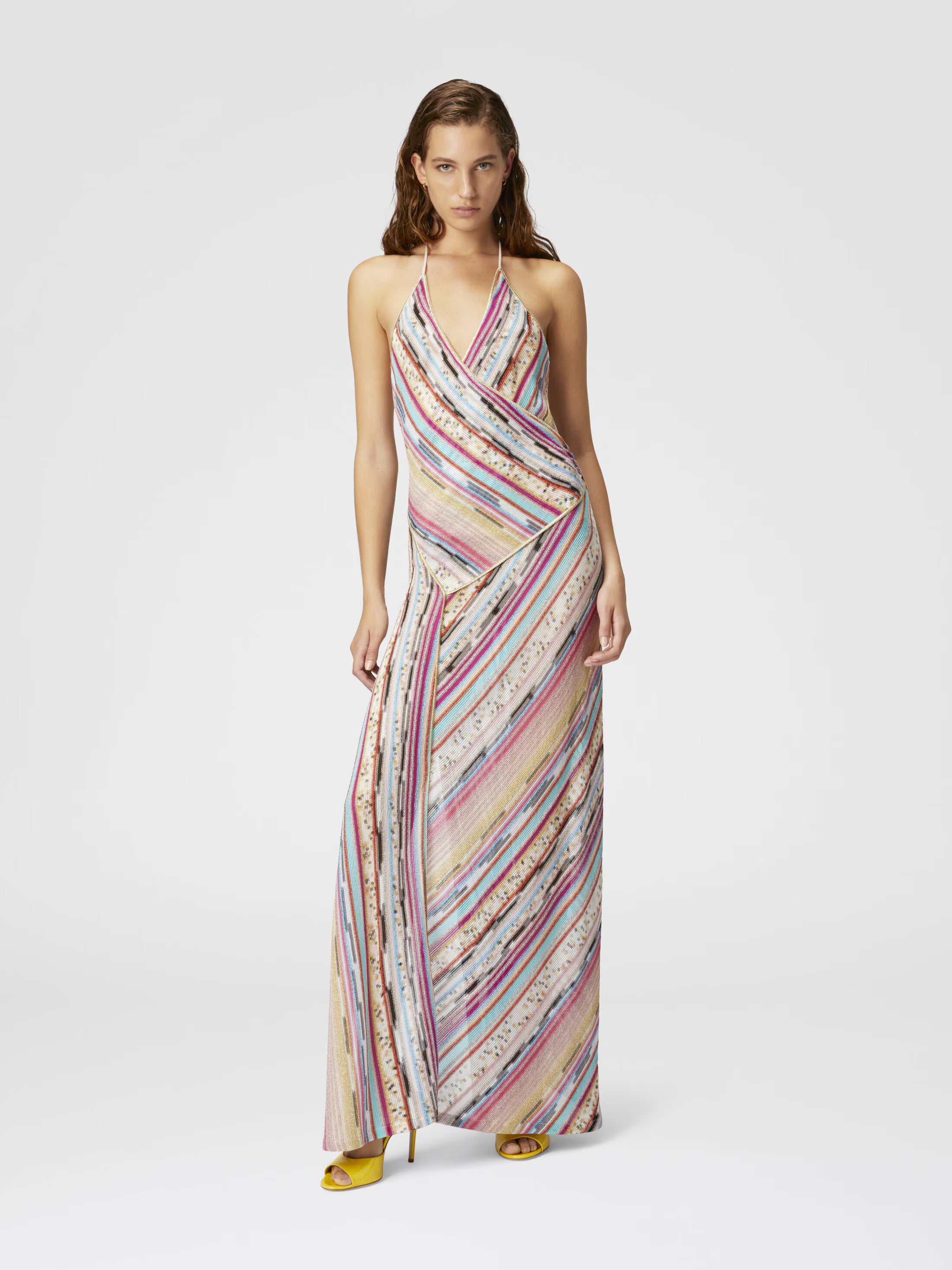 Long dress in lamé slub viscose with slit