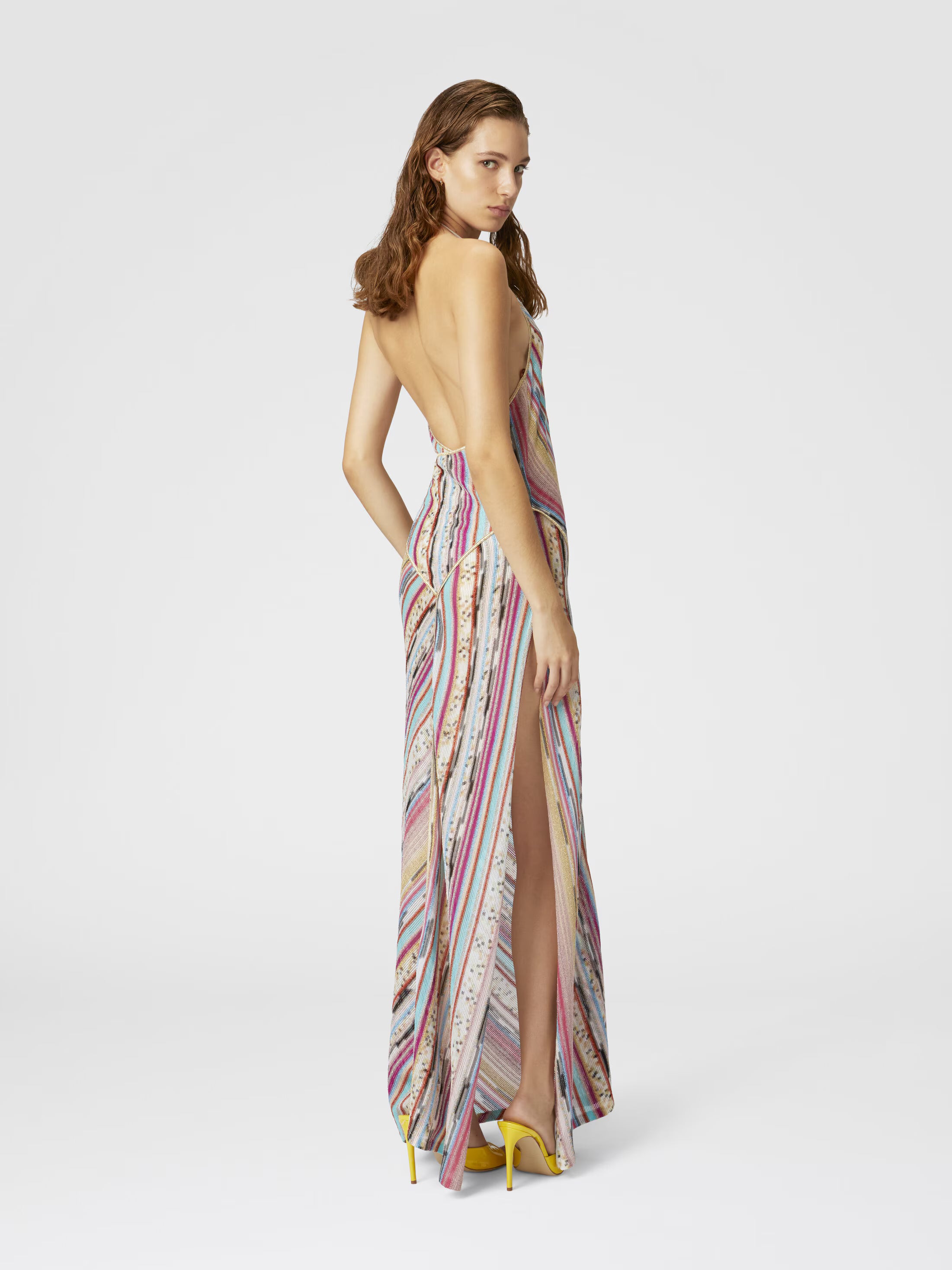 Long dress in lamé slub viscose with slit
