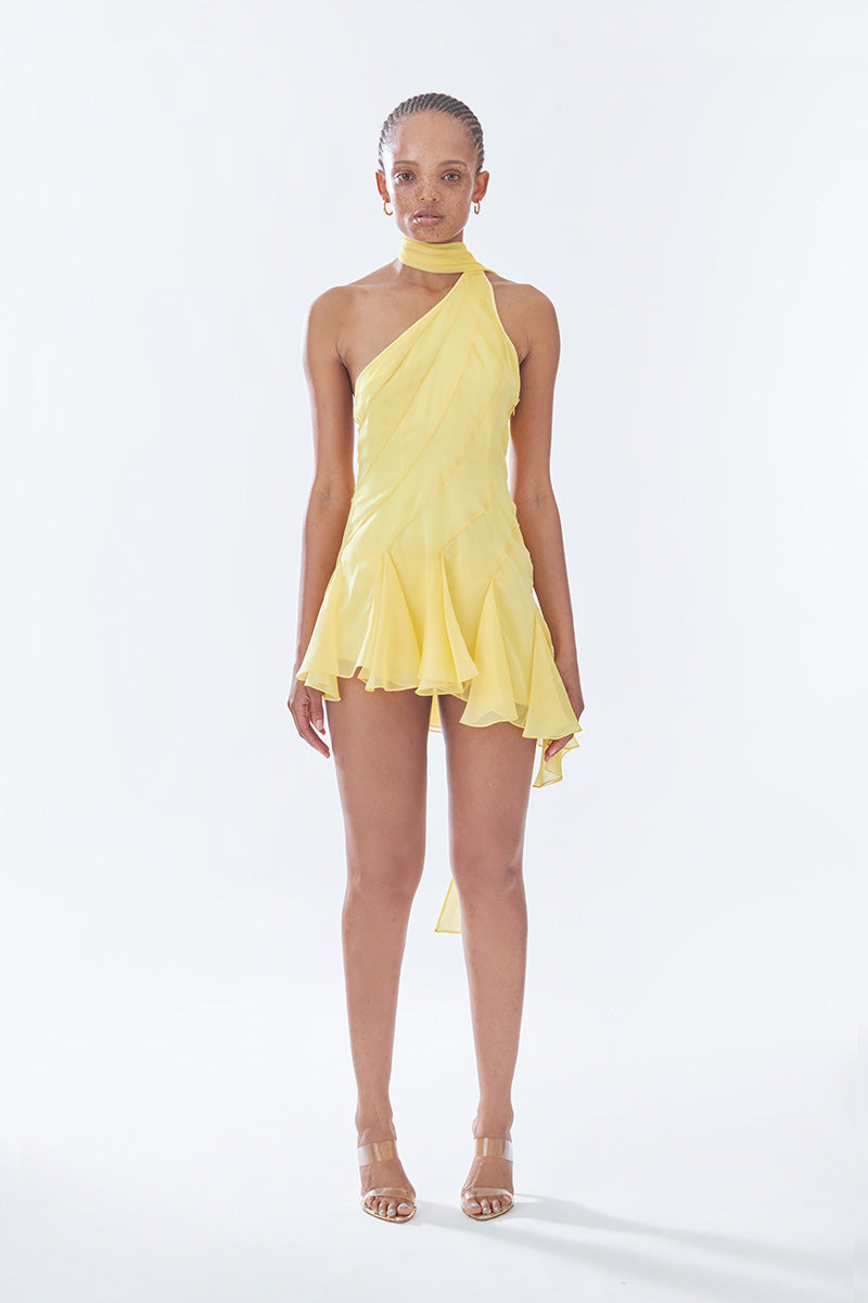 MS. GODET ASYMMETRIC YELLOW MINI DRESS