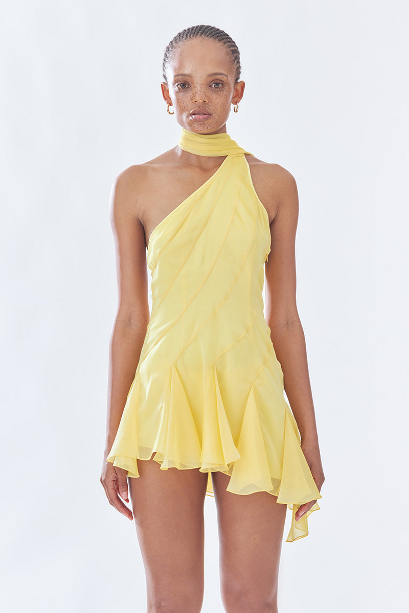 MS. GODET ASYMMETRIC YELLOW MINI DRESS