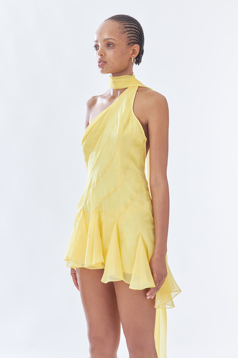 MS. GODET ASYMMETRIC YELLOW MINI DRESS