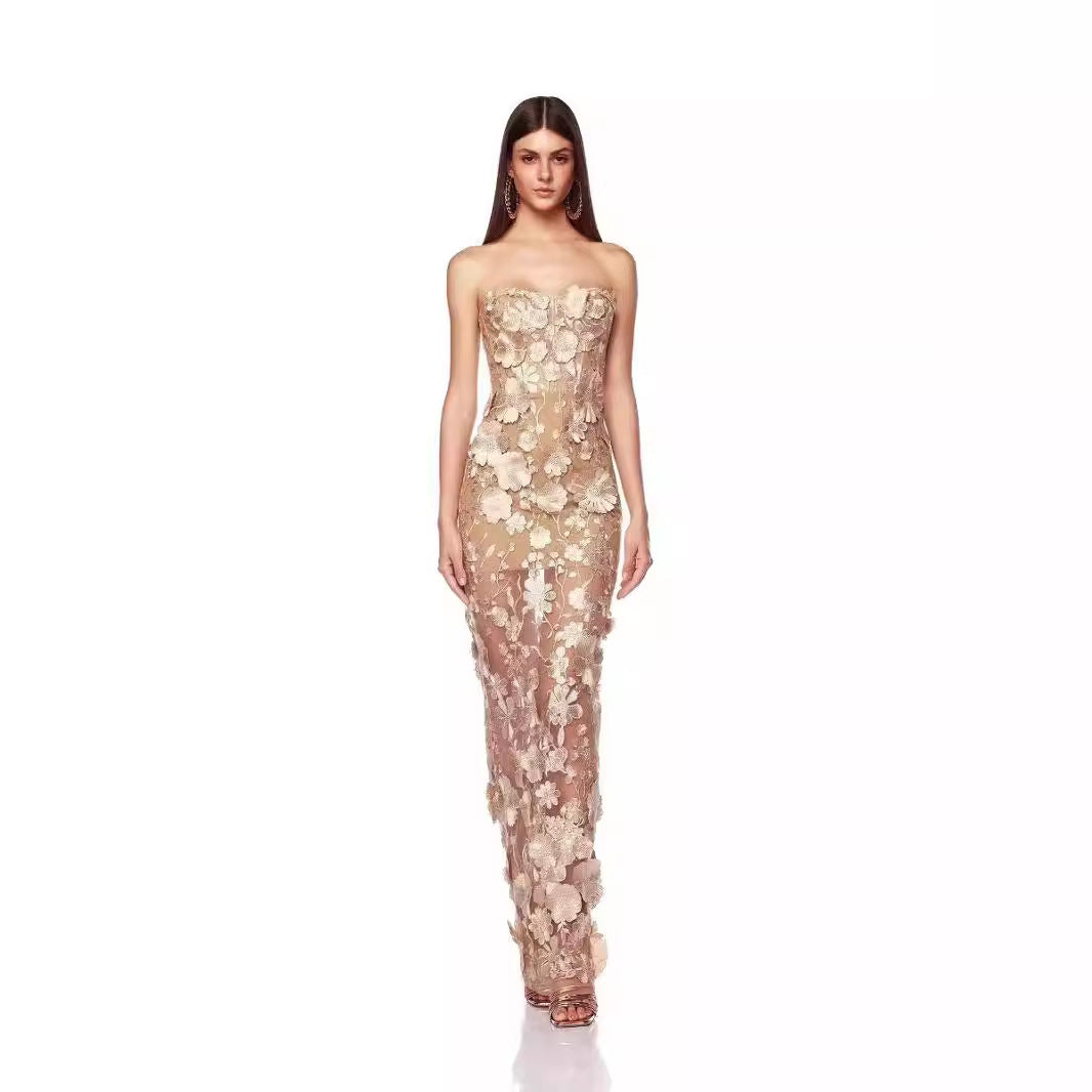 3D floral strapless dress