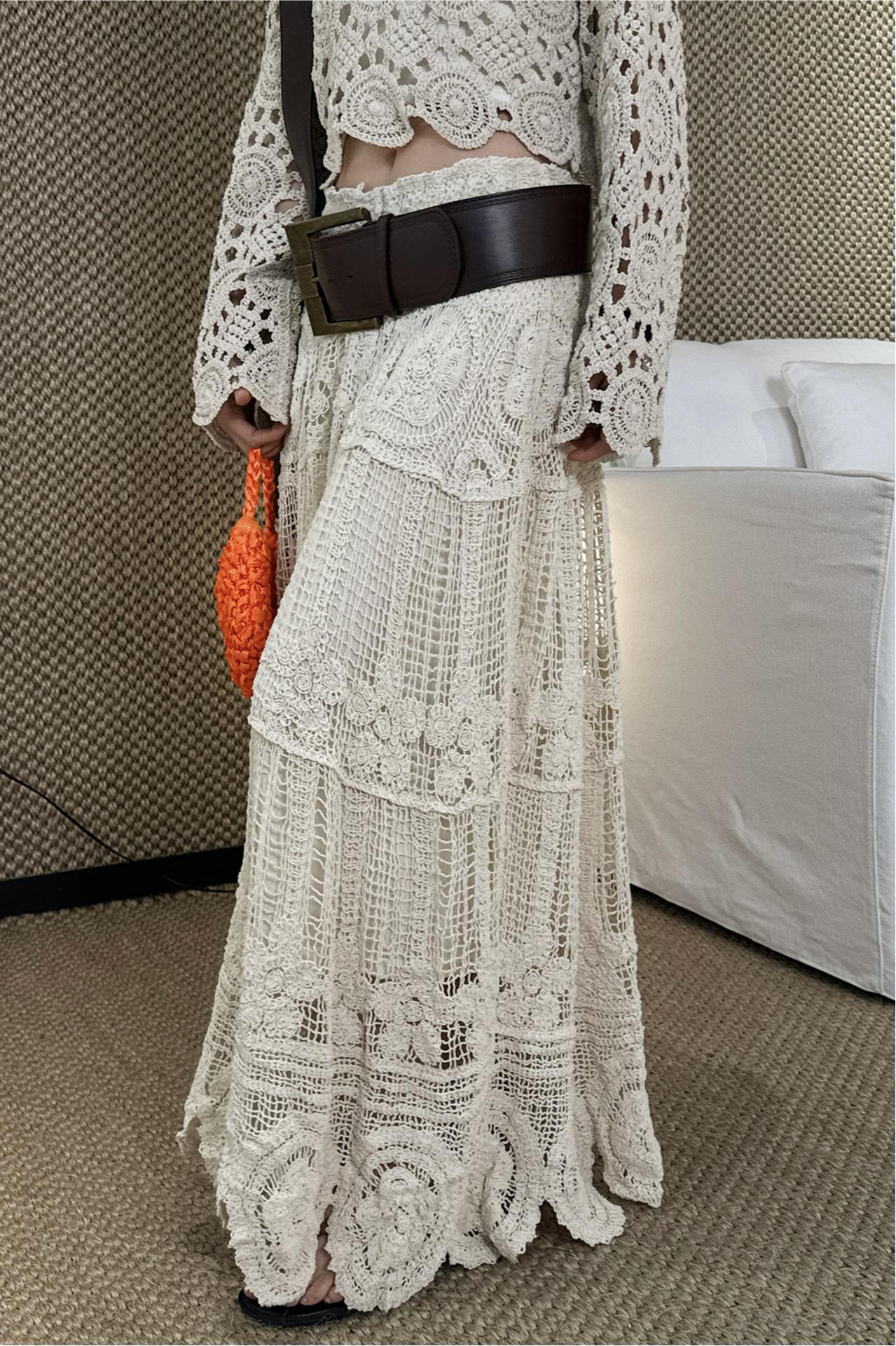 Rare Boho Crochet Openwork Knit Maxi Skirt