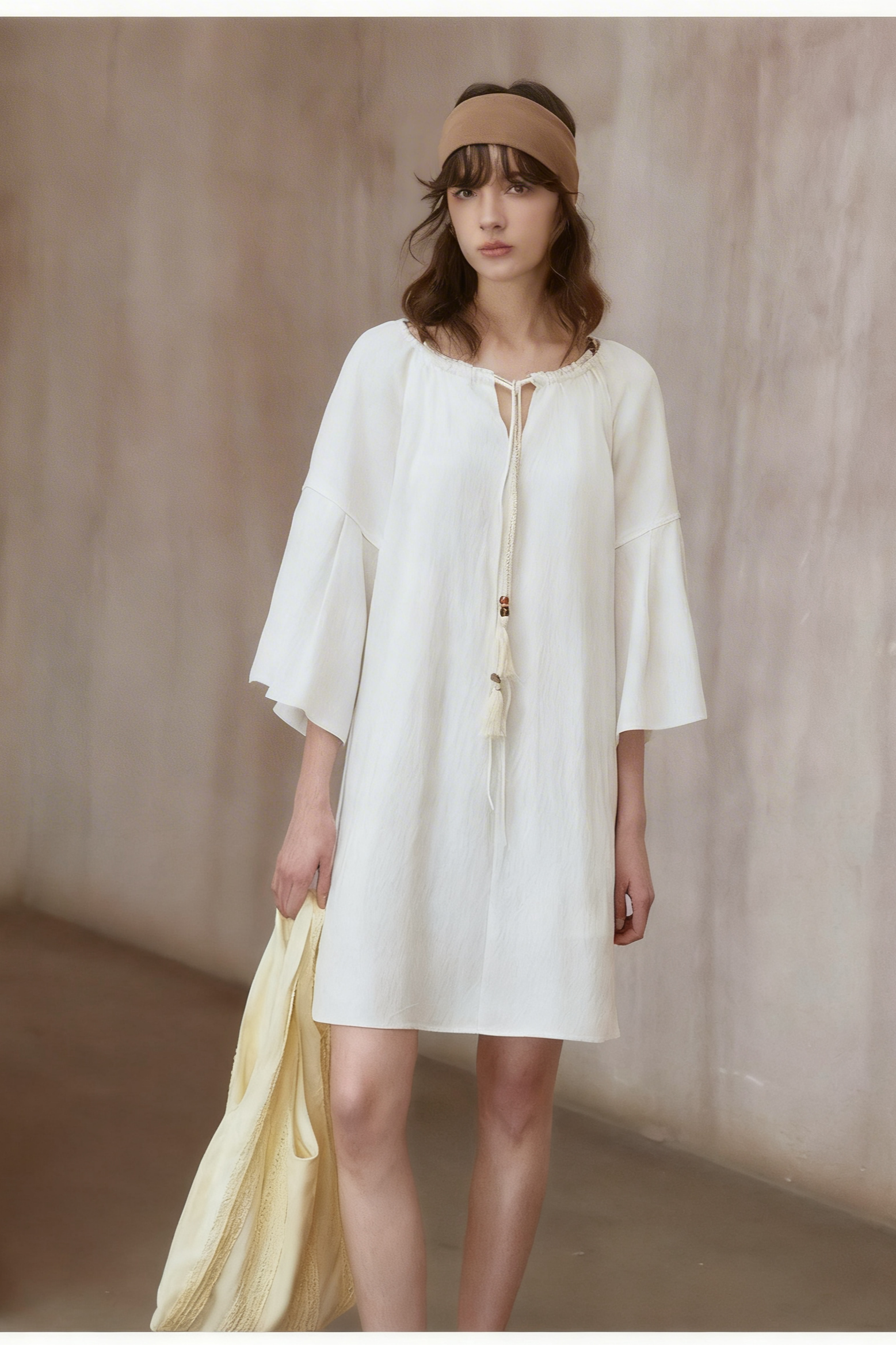 Ysa Minimalist Boho Drawstring White Mini Dress
