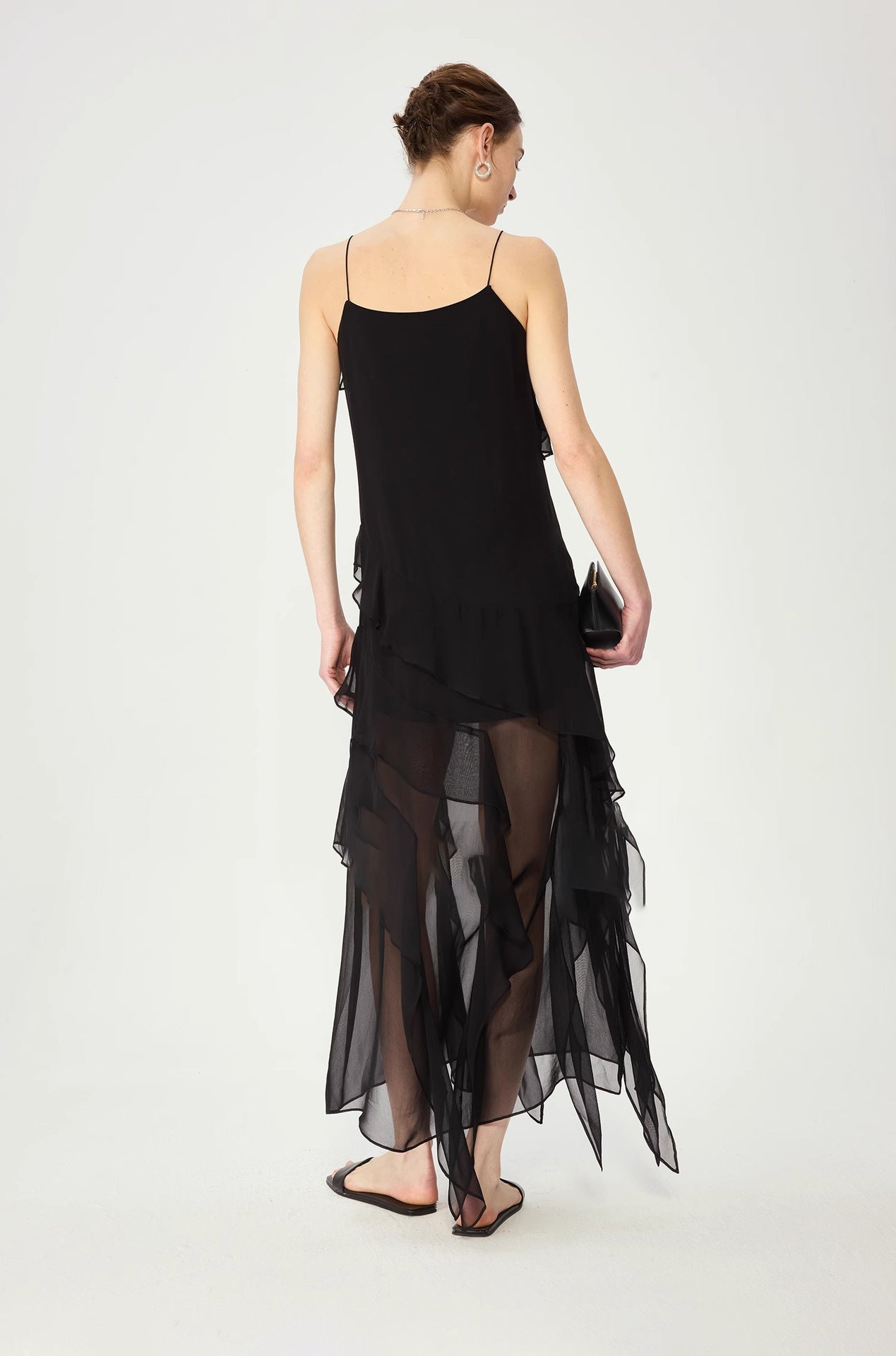 Royale bias-cut black slip dress with flounce hem
