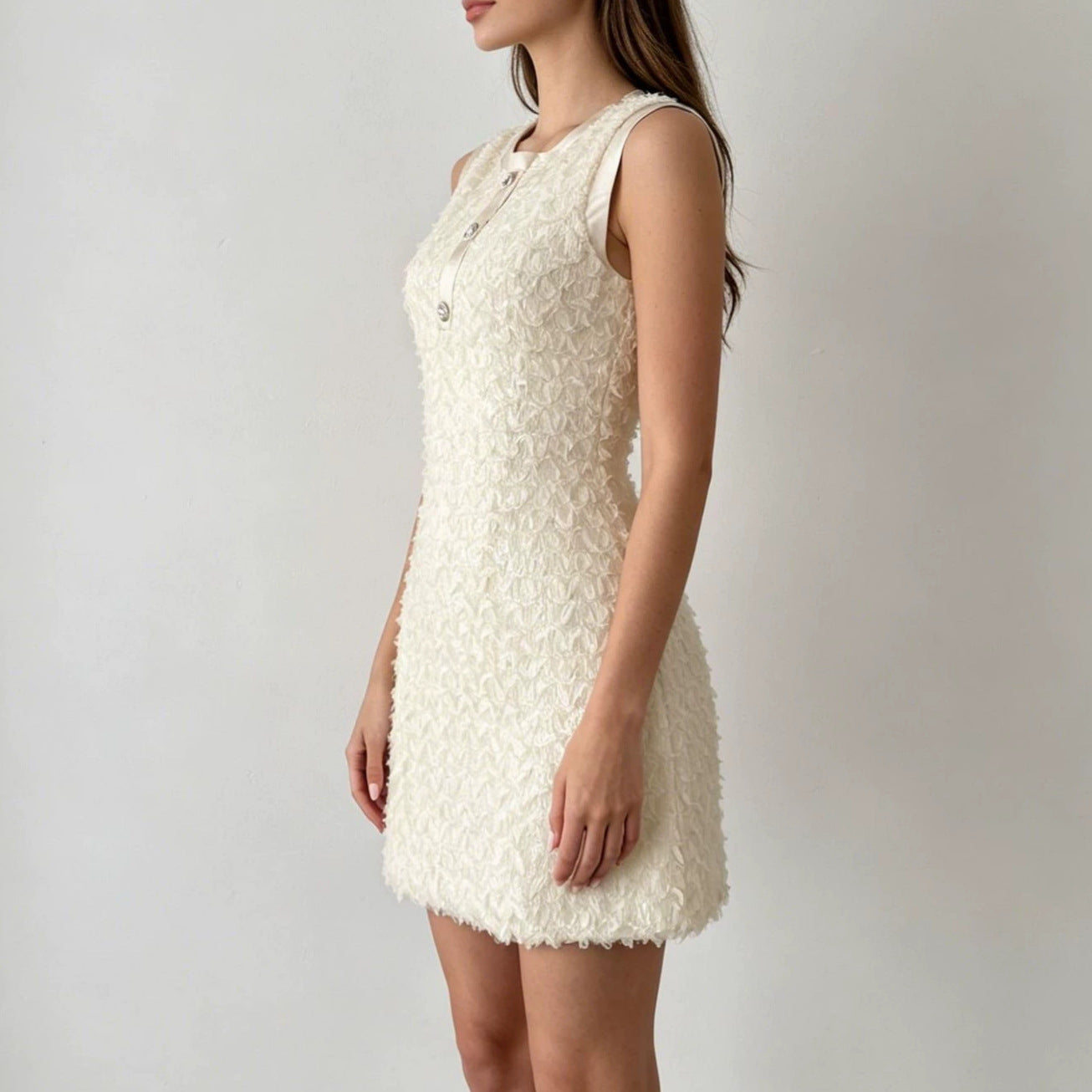Cream Pearl Button Textured Mini Dress