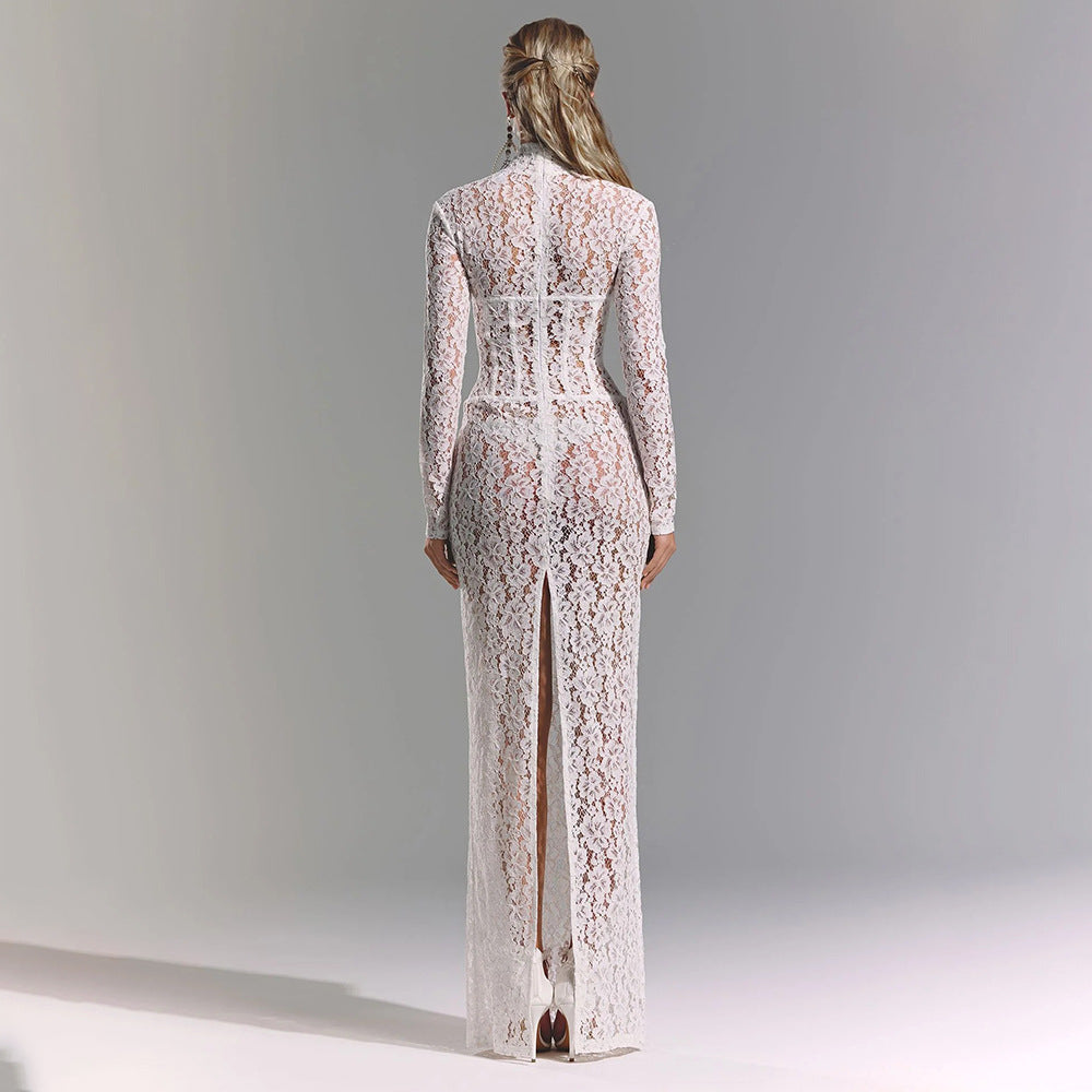 Hollow-out lace pattern slim-fit long dress