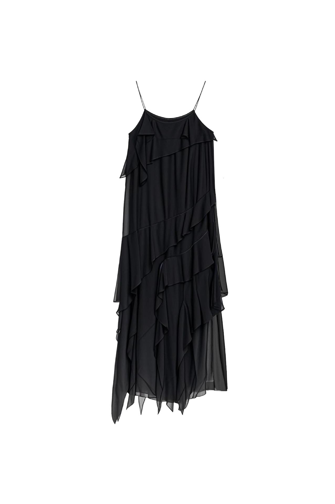 Royale bias-cut black slip dress with flounce hem