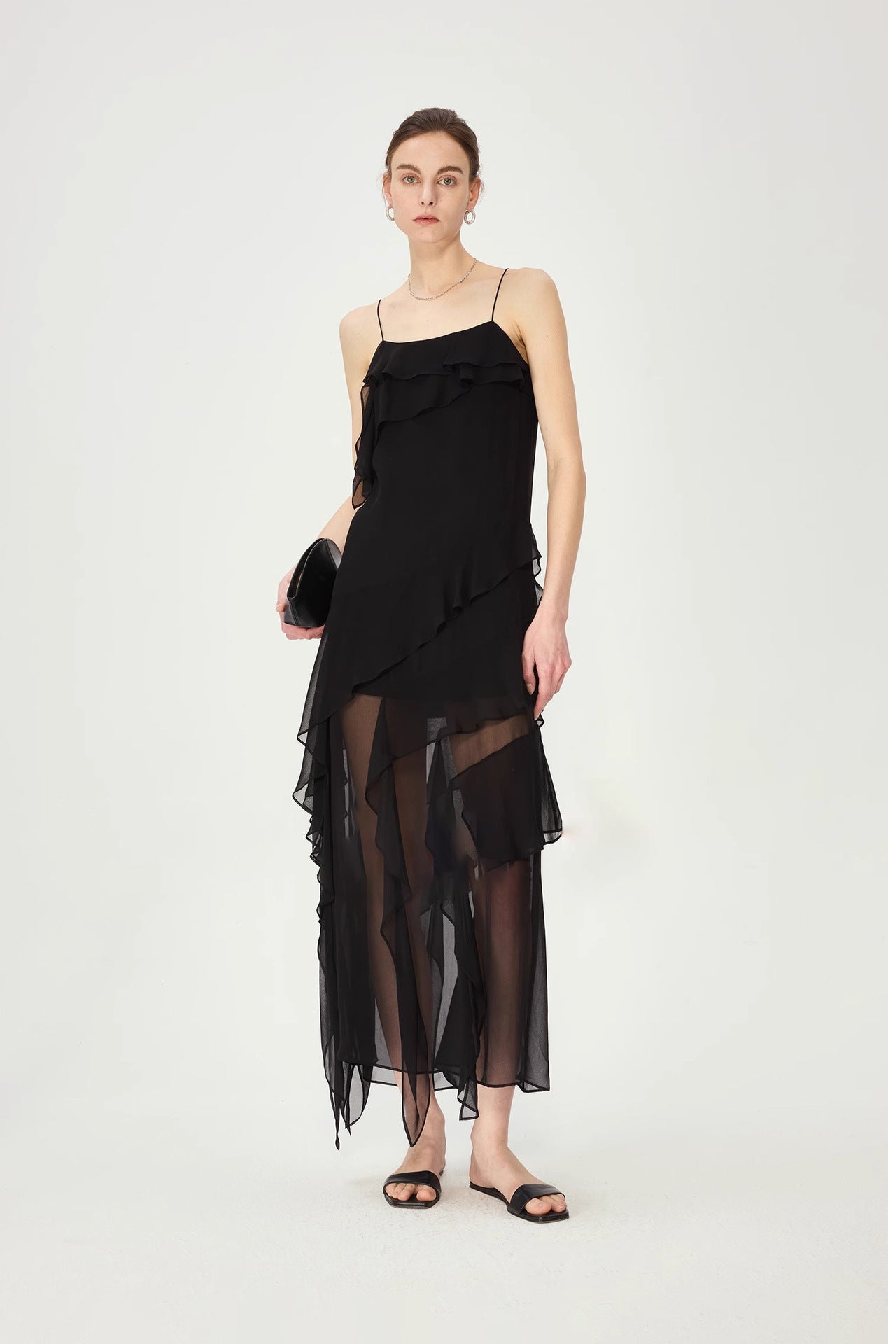 Royale bias-cut black slip dress with flounce hem