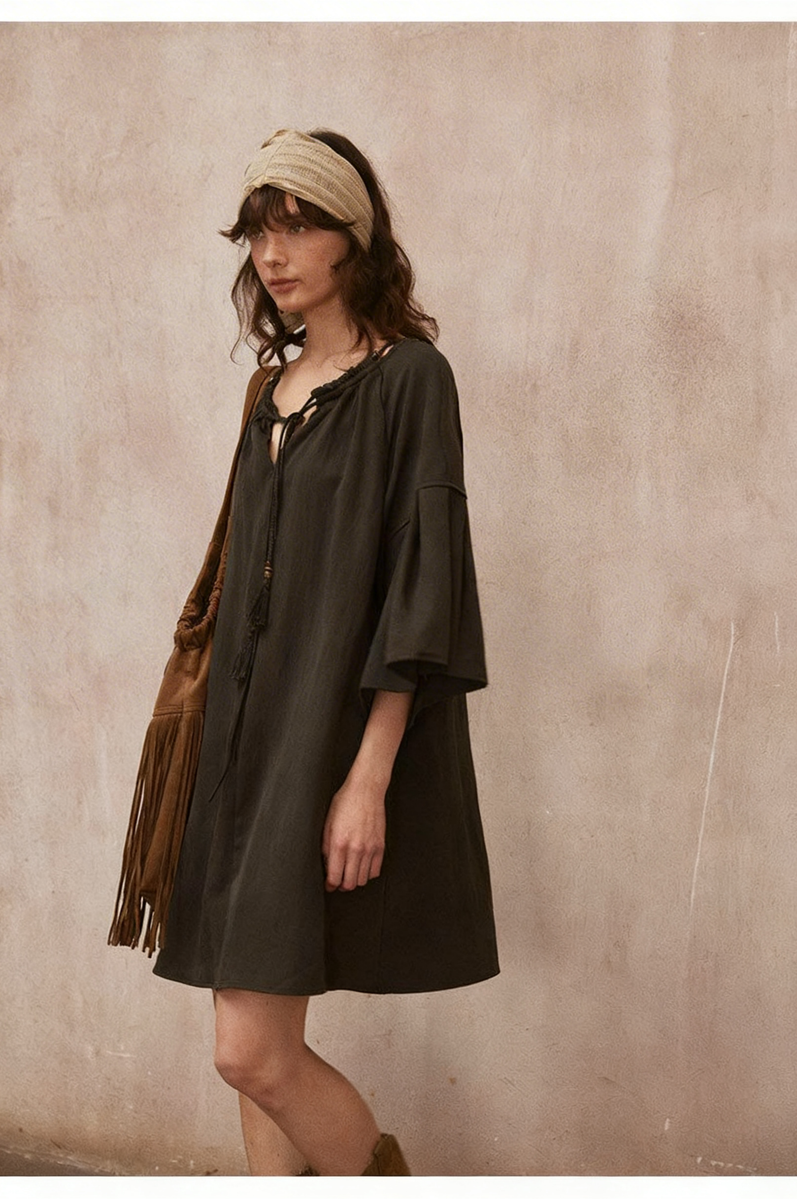 Ysa Minimalist Boho Drawstring Grey Mini Dress