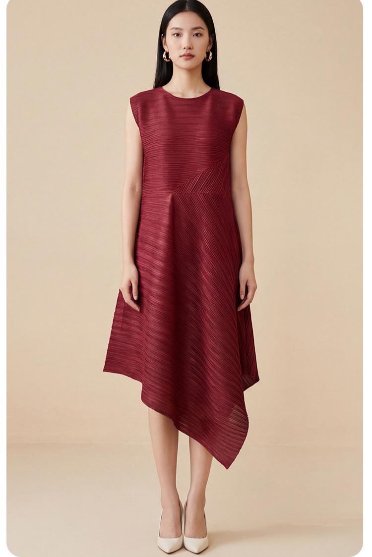Burgundy Sleeveless Pleated Asymmetrical Midi Dress