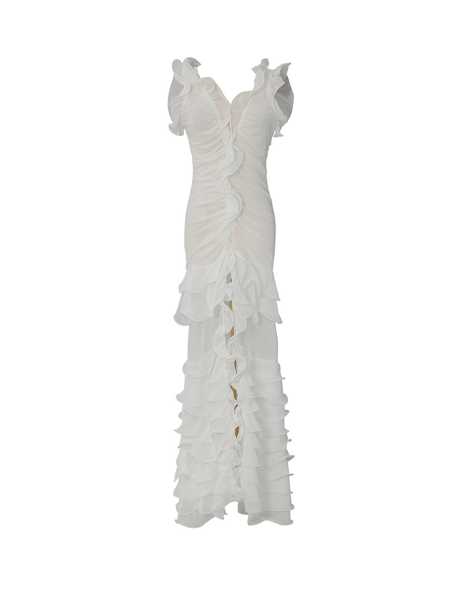 White Ruffle Ruched Maxi Dress
