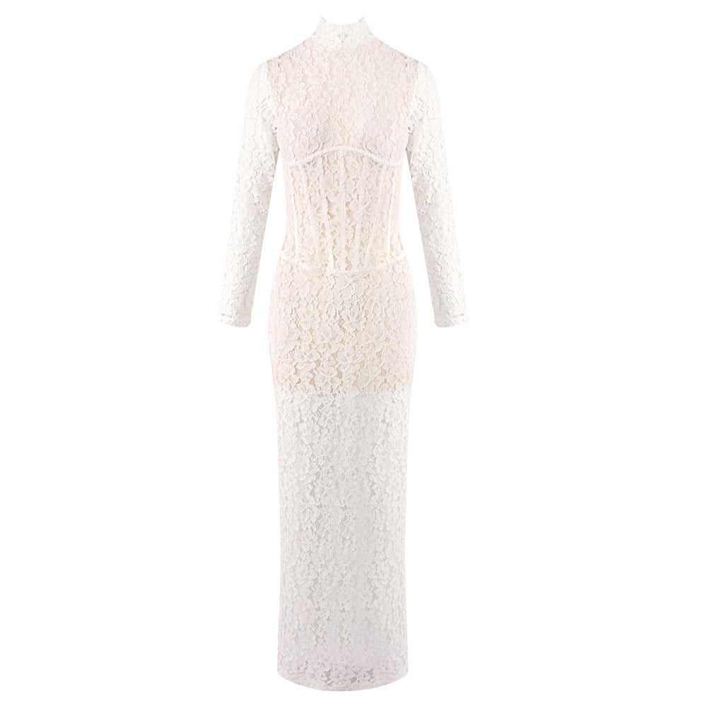 Hollow-out lace pattern slim-fit long dress