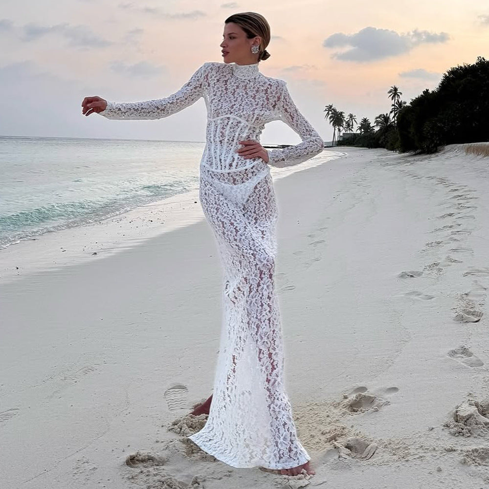 Hollow-out lace pattern slim-fit long dress