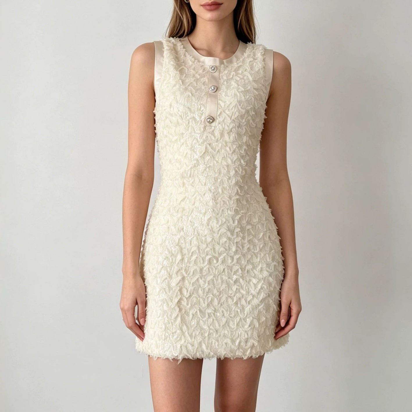 Cream Pearl Button Textured Mini Dress