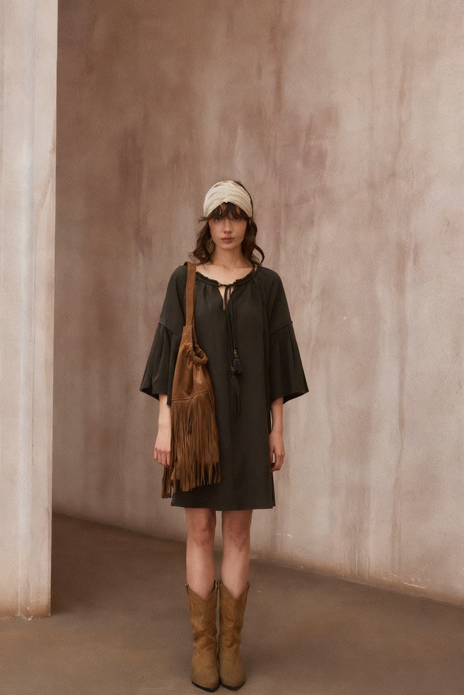 Ysa Minimalist Boho Drawstring Grey Mini Dress