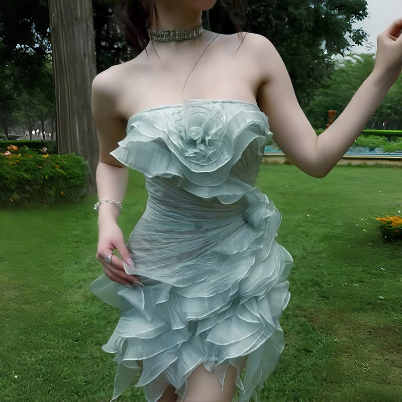 Dusty Blue 3D Floral Ruched Organza Strapless Mini Dress