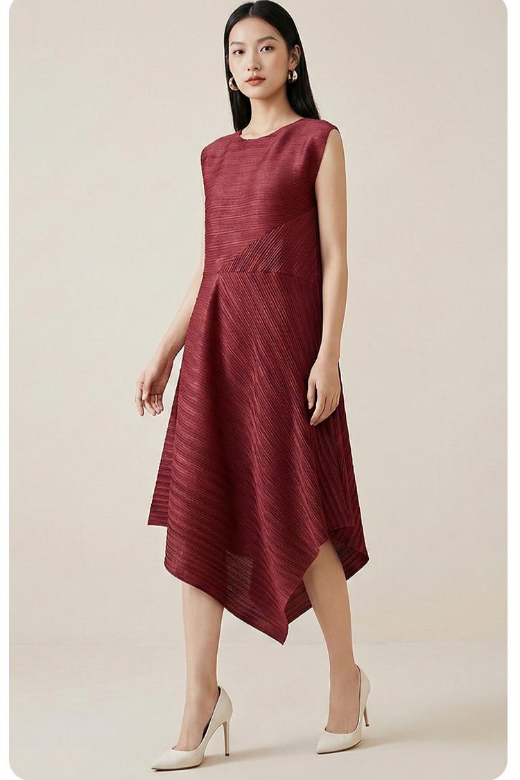 Burgundy Sleeveless Pleated Asymmetrical Midi Dress