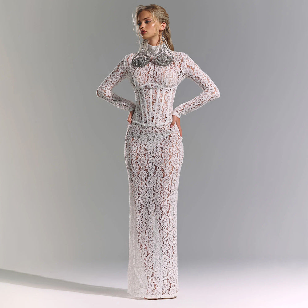 Hollow-out lace pattern slim-fit long dress